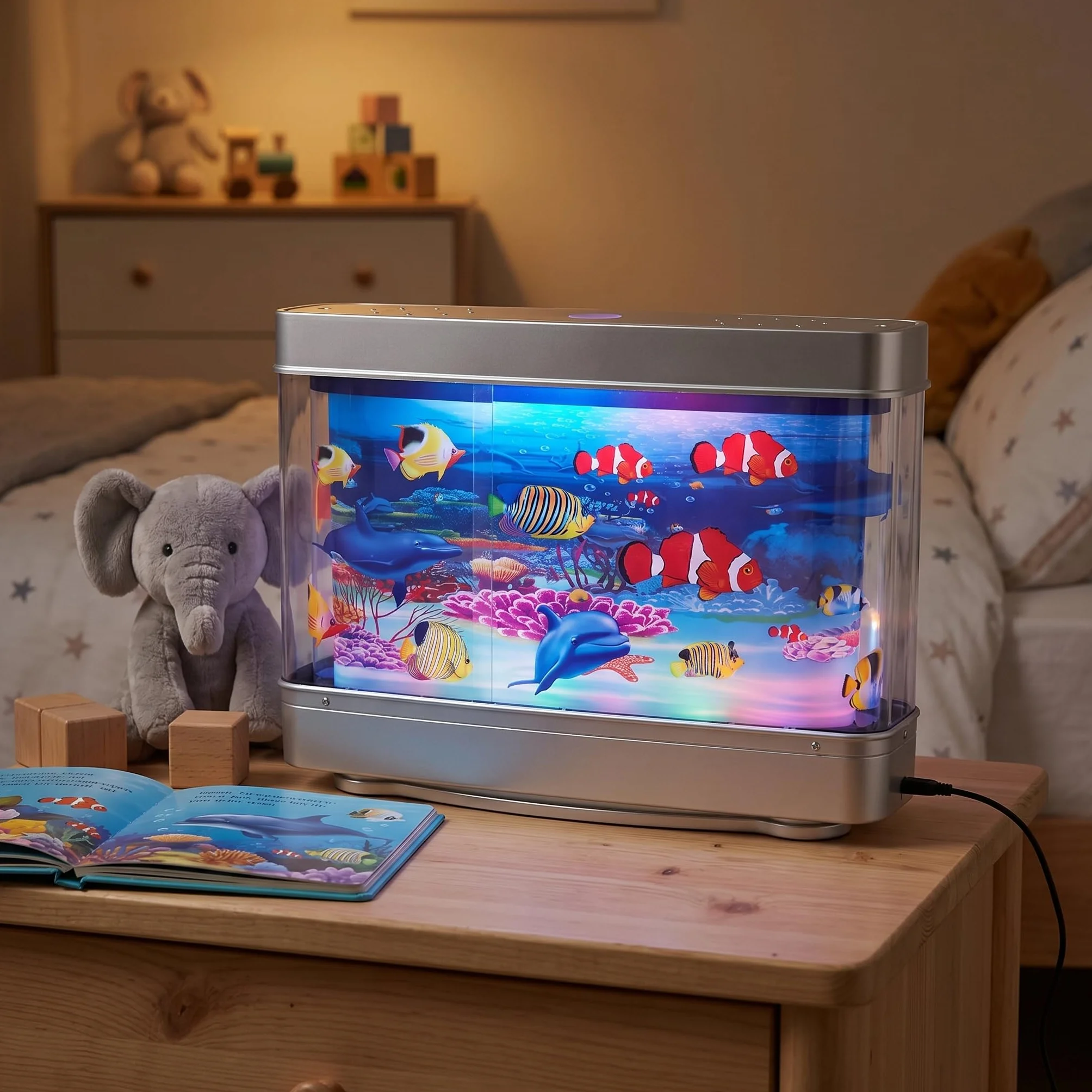 Sztuczne Akwarium z Ruchomymi Rybami LED Lampka Nocna dla Dzieci