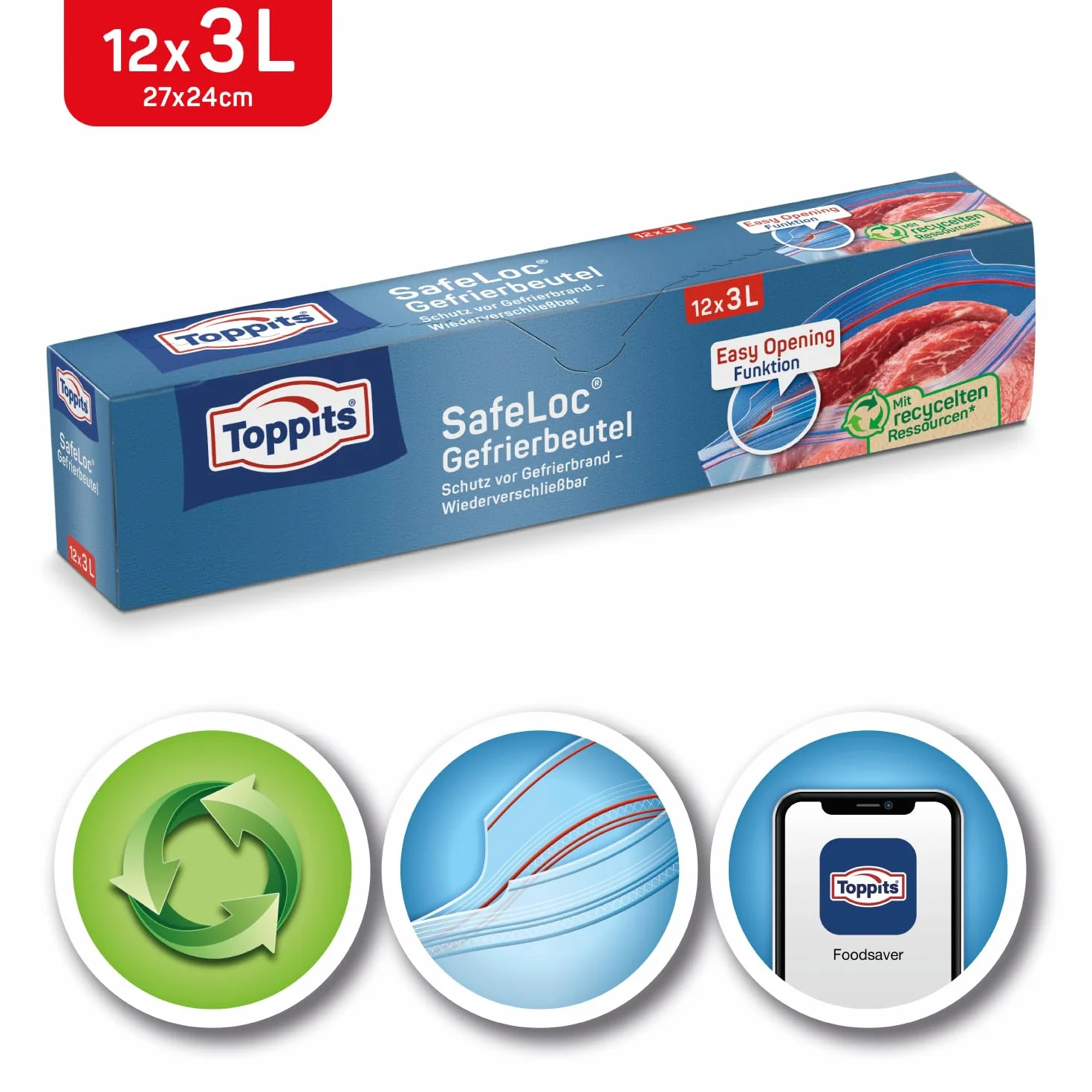 Toppits Safeloc 209771 Worki do Zamrażania, Przezroczysty, 12 szt. / 3 l