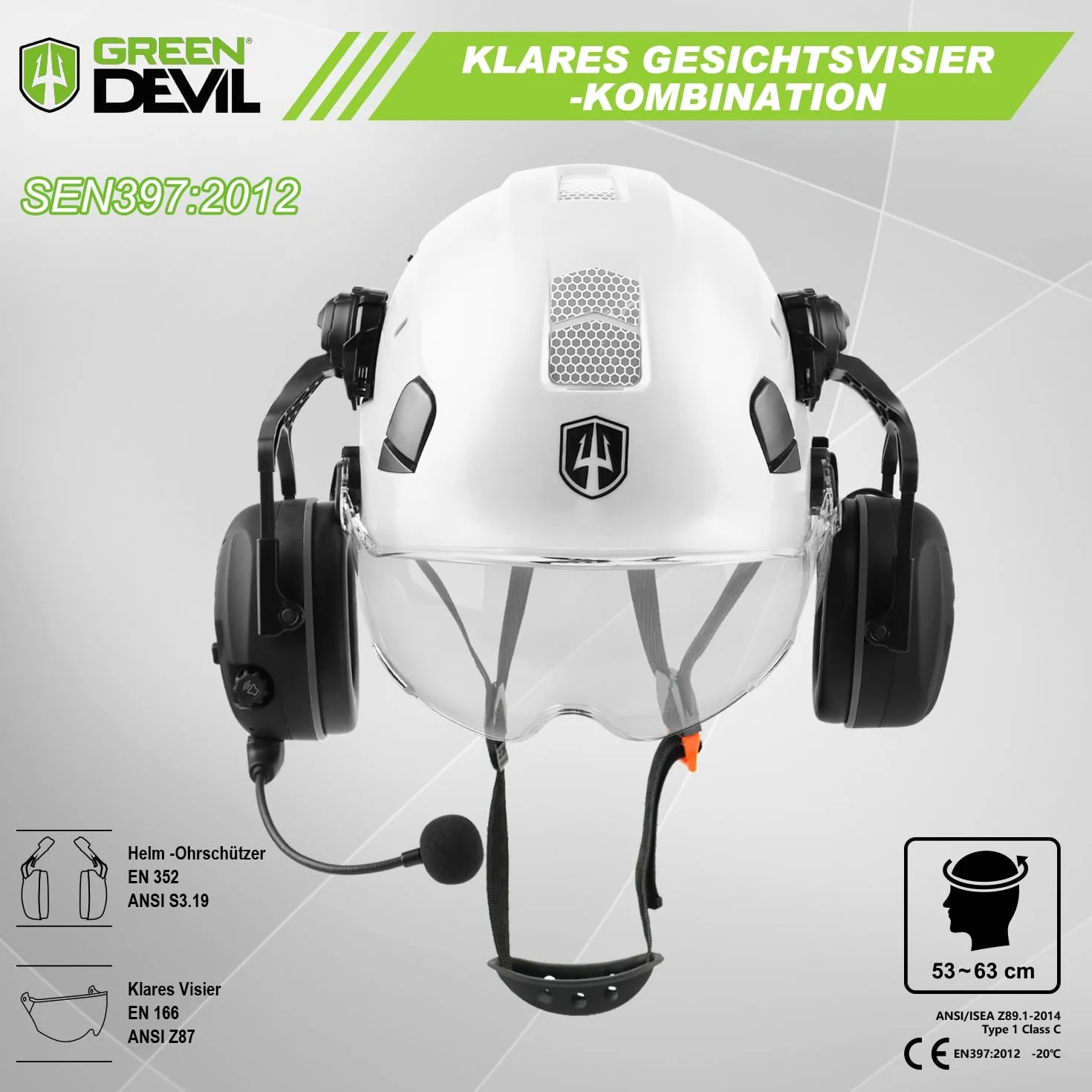GREEN DEVIL Mervex Vent kask ochronny z aktywną ochroną słuchu i przezroczystym wizjerem, kask roboczy ABS, EN 397, kask przemysłowy zgodny z normą EN352 SNR 32 dB z Bluetooth