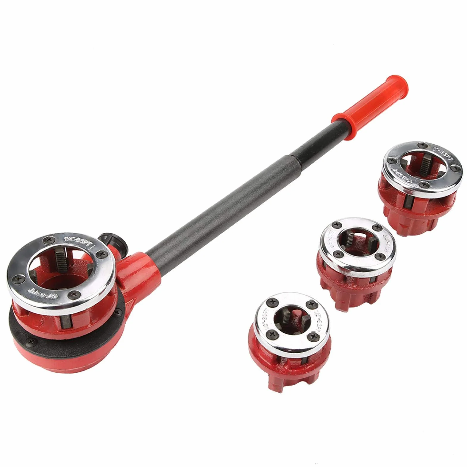 Zestaw gwintowników i narzynek, ręczny zestaw do gwintowania rur 1/2", 3/4", 1", 1-1/4", narzędzie do gwintowania, ręczny zestaw do formowania i cięcia z walizką (62B, cztery głowice)