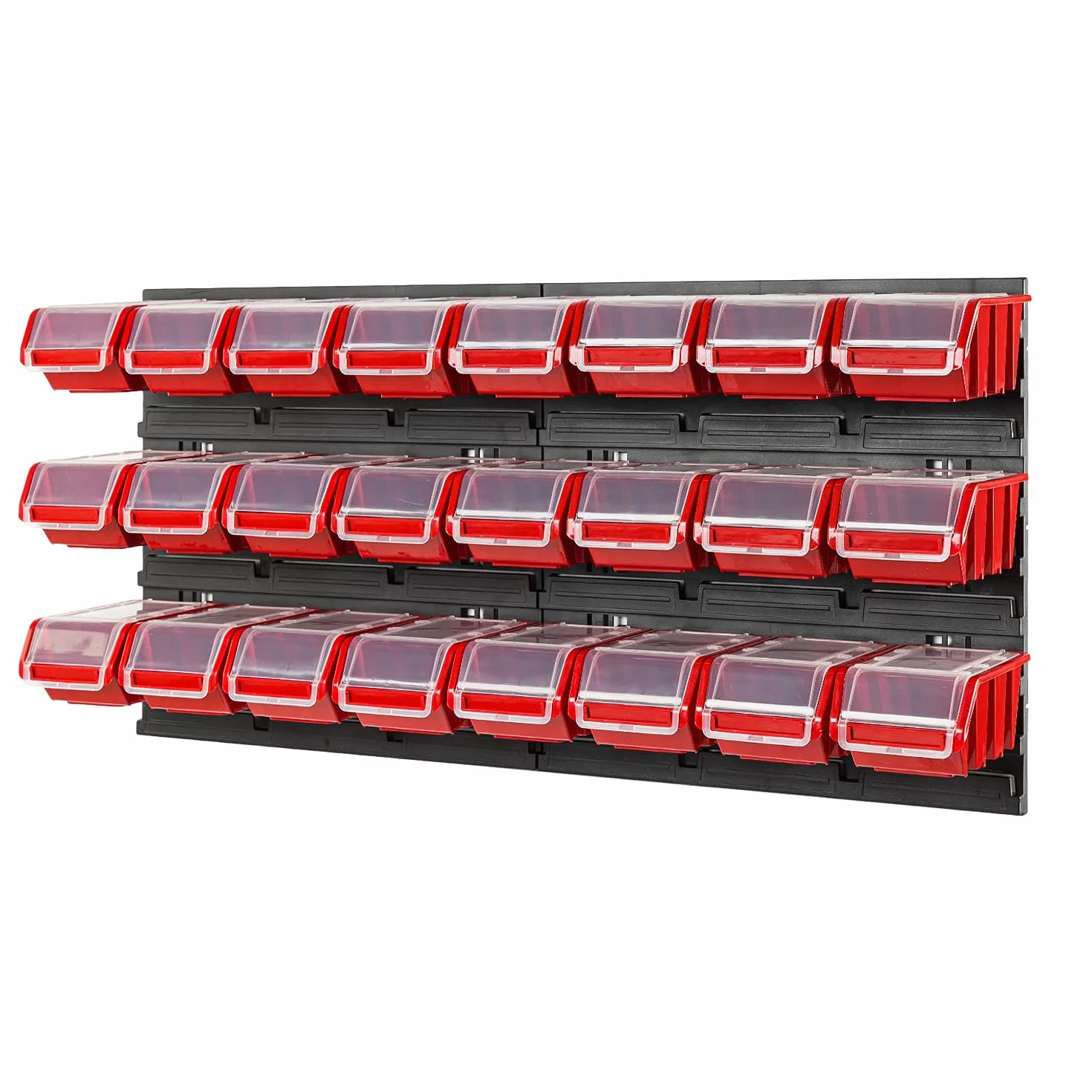 System przechowywania, pudełka do układania w stos z pokrywką, regał ścienny, 772 x 390 cm, 24 sztuki, ścianka narzędziowa, regał warsztatowy, regał rynnowy, czerwony