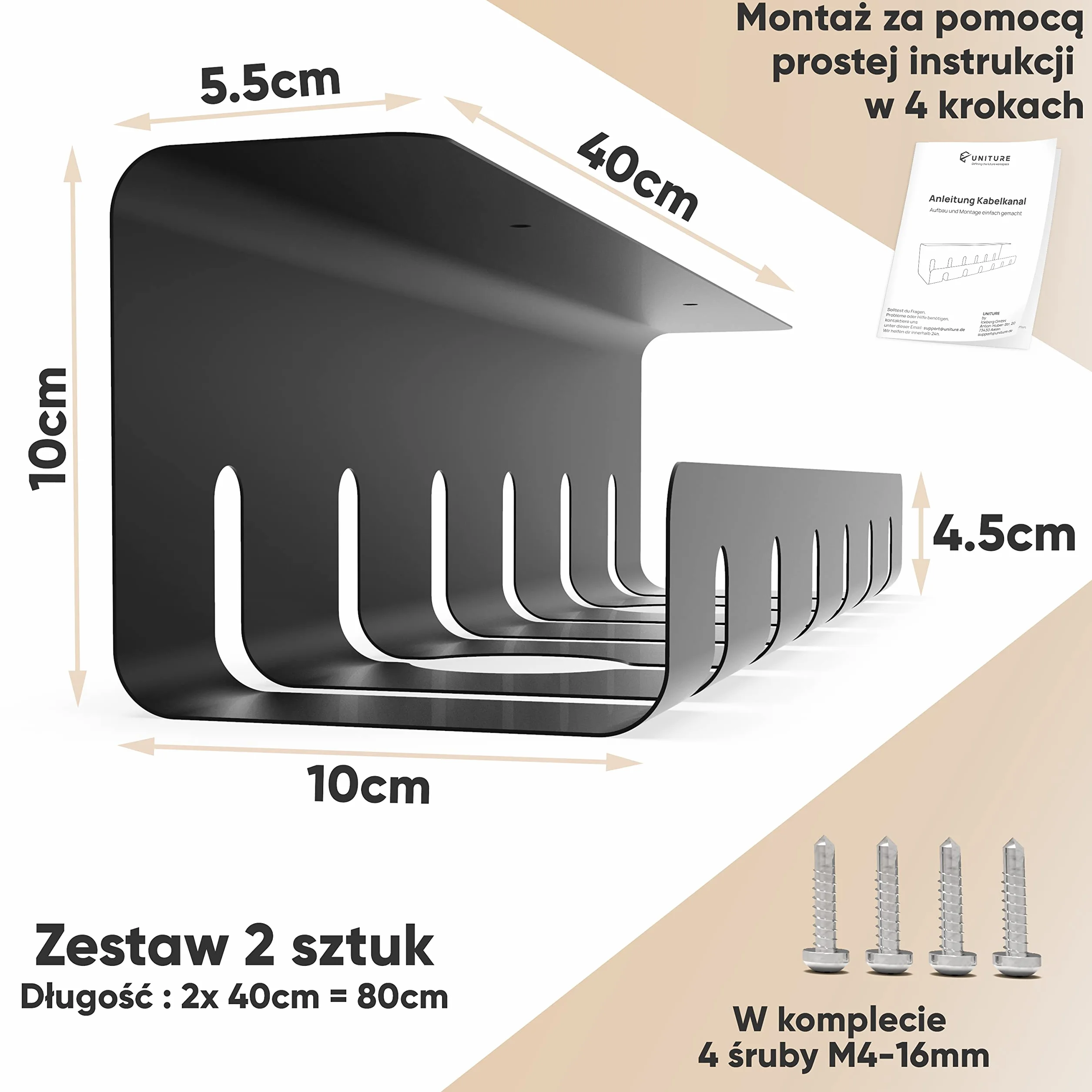 UNITURE® Kanały kablowe na biurko do porządnego zarządzania kablami – uchwyt na kabel biurkowy z prostym montażem i ponadczasowym wzornictwem – 2 x 40 cm – prowadnica kabla do domowego biura (czarna)