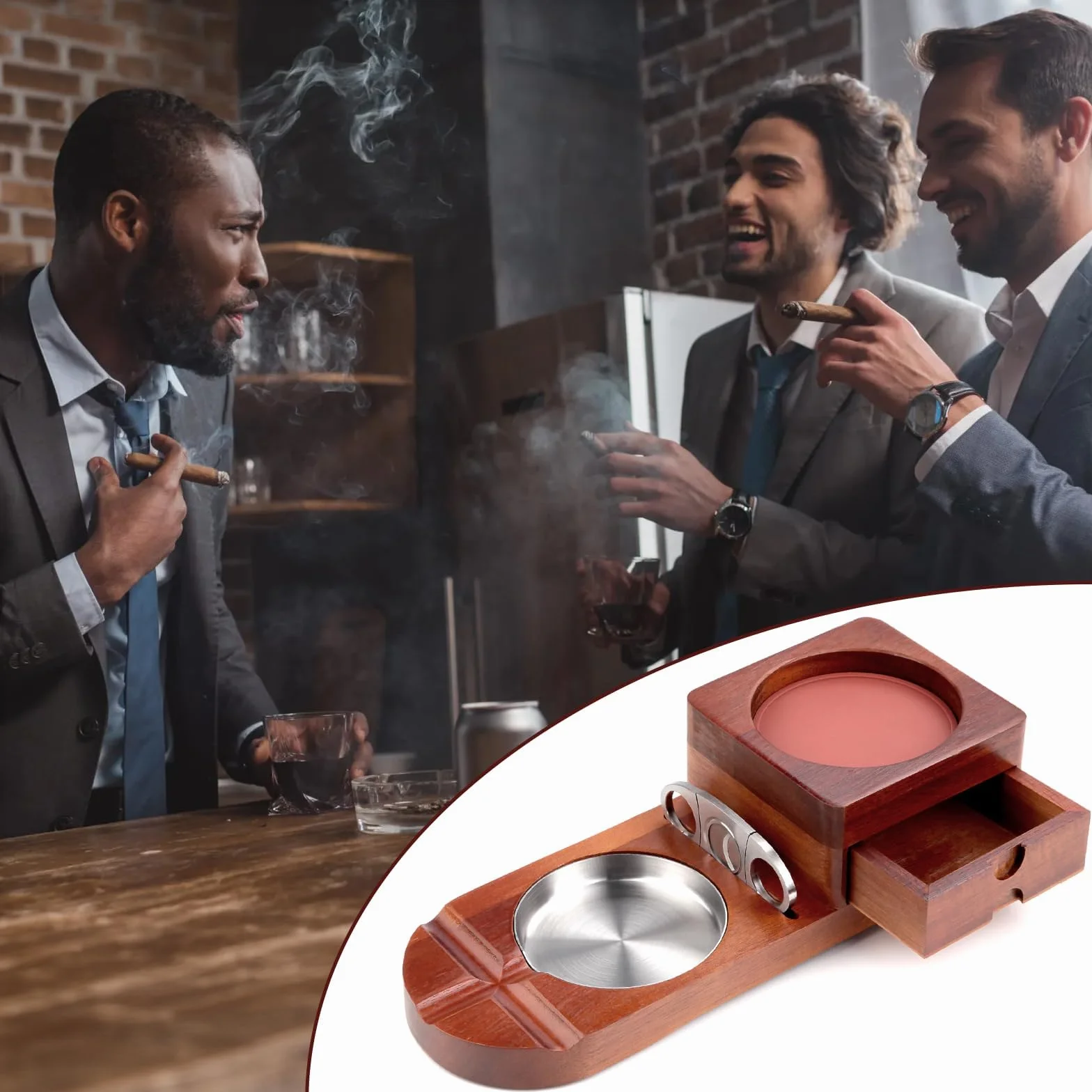 Zestaw drewnianych popielniczka do cygar Cuban Cigar Ashtray akcesoria do cygar Smoker kubańskie cygara whisky zestaw prezentowy do cygar ze zdejmowaną szufladą i obcinaczem do cygar do domu, biura