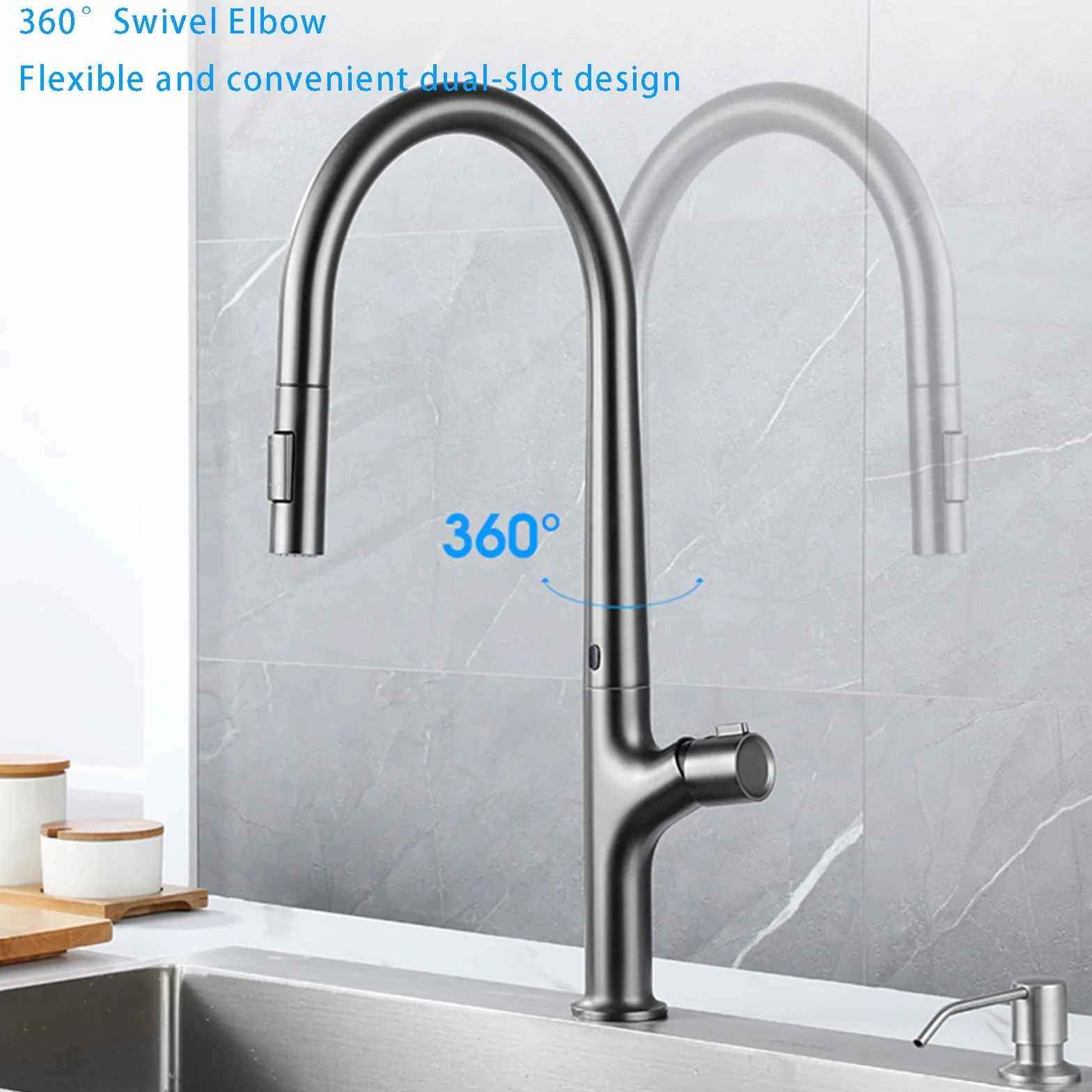Bateria zlewozmywakowa Touch Kitchen Sink, baterie z wyciąganą wylewką i 2-funkcyjną wylewką, mosiężne jednouchwytowe krany kuchenne, Gun Grey