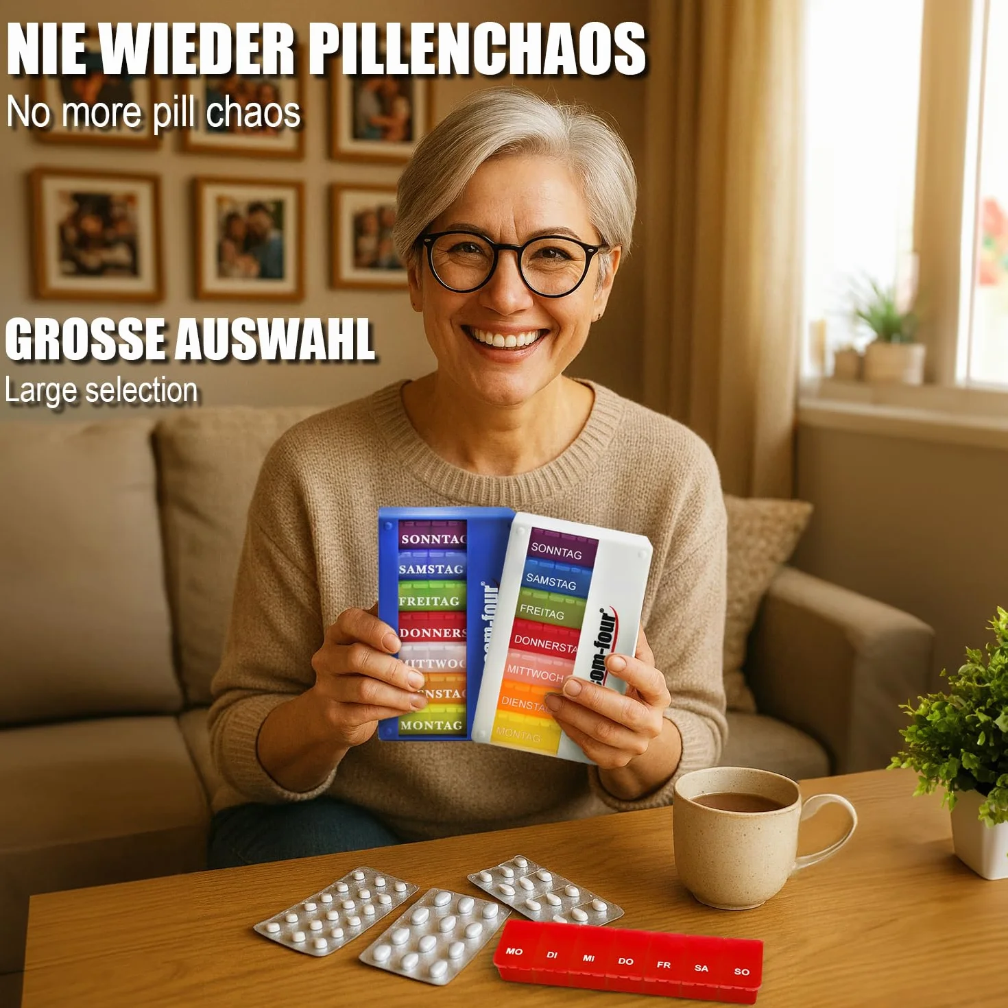 COM-FOUR® Dozownik do leków w języku POLSKIM 7 dni 2 sztuki czerwony niebieski