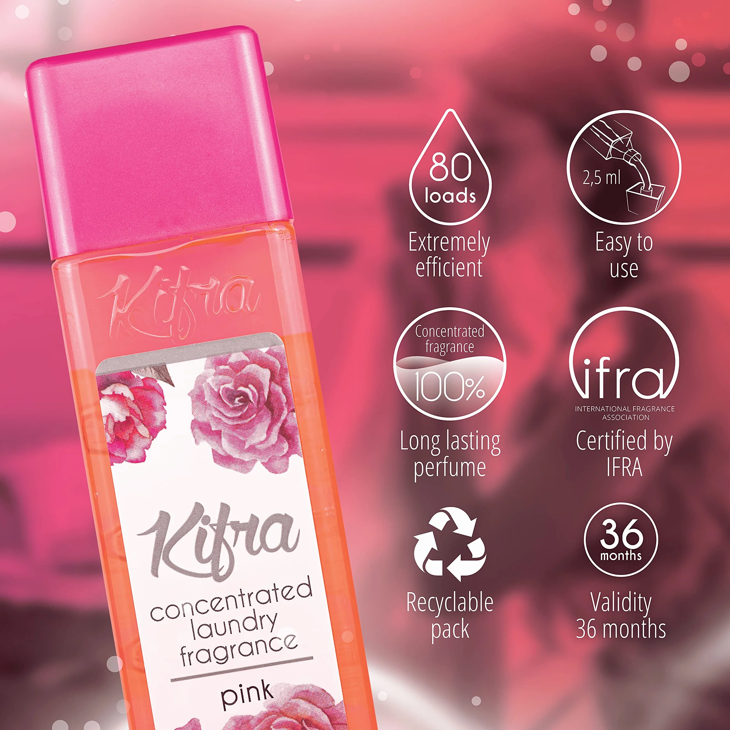 Kifra Pink skoncentrowane perfumy do prania 200 ml, 80 cykli prania, długotrwały zapach do prania