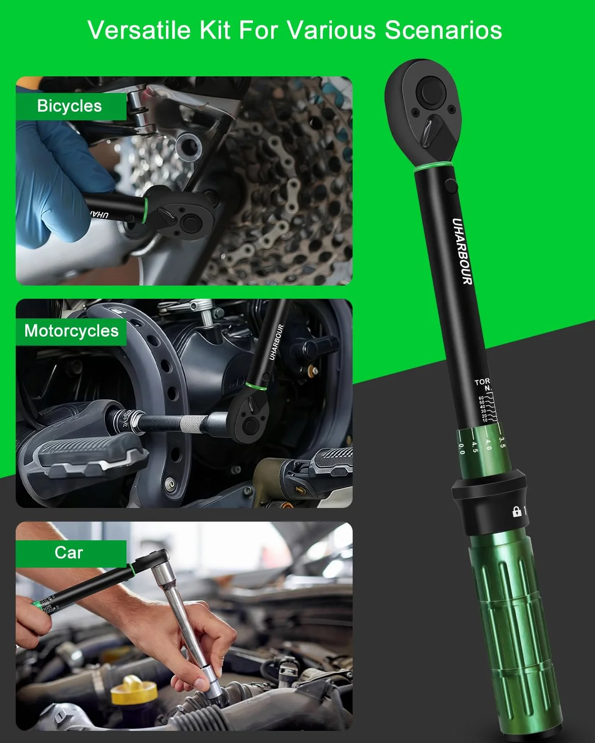 Uharbour Klucze dynamometryczne 3/8", 5-60 Nm, 31-częściowy zestaw kluczy dynamometrycznych do motocykla, dokładność błędu ±3%, z przedłużeniami, nasadkami nasadowymi i adapterem, 72-zębowa grzechotka