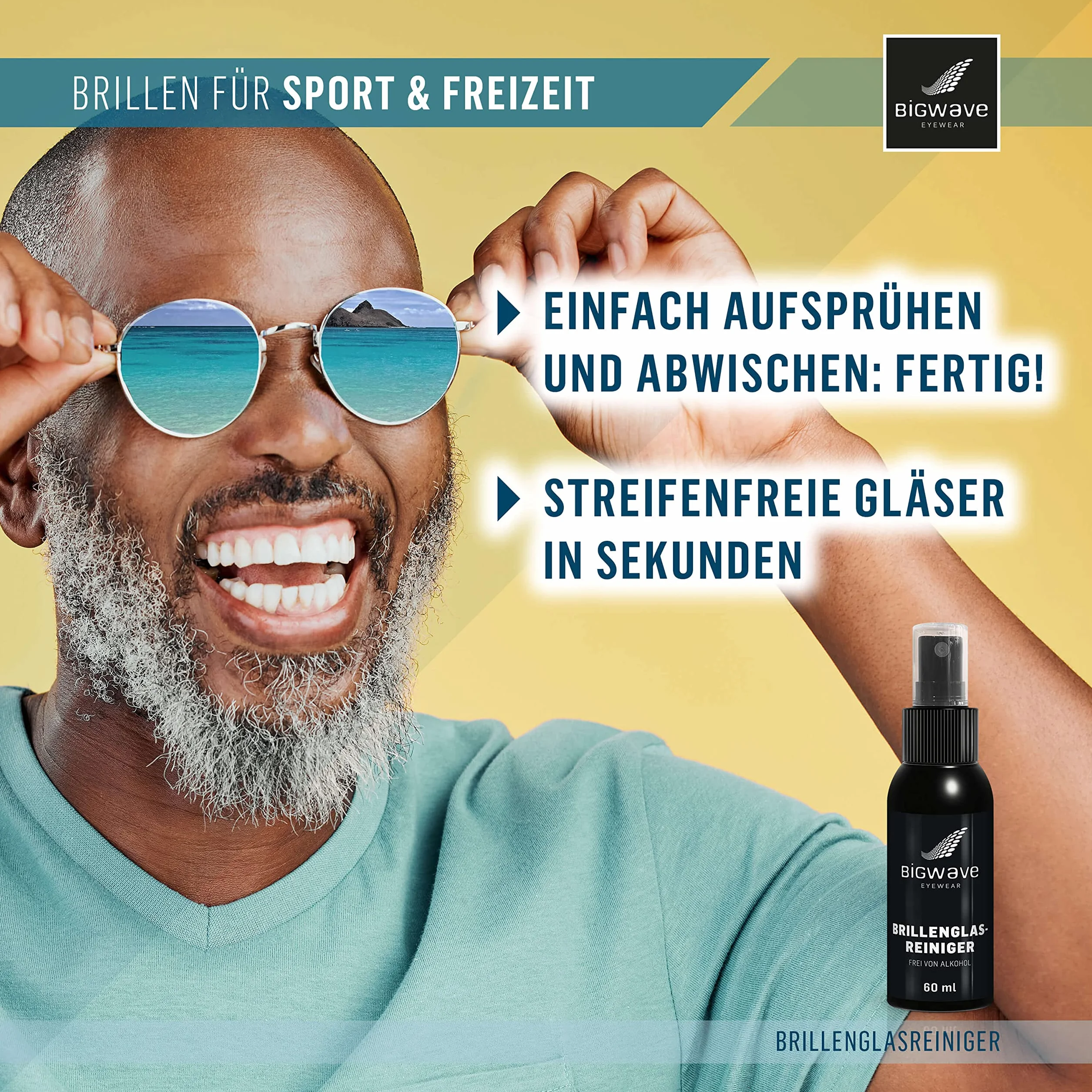 BIGWAVE Spray do czyszczenia okularów do delikatnego i bez smug czyszczenia wszystkich soczewek okularowych bez alkoholu – 60ml Premium spray do czyszczenia okularów idealny również na okulary