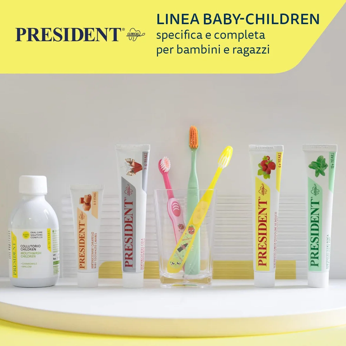 President BABY SZCZOTKA DLA DZIECI 0-4 LAT Żółty lub Różowy. Miękkie włosie z zaokrąglonymi końcówkami, kompaktowa mała głowa do prawidłowego czyszczenia i delikatnego masażu dziąseł.