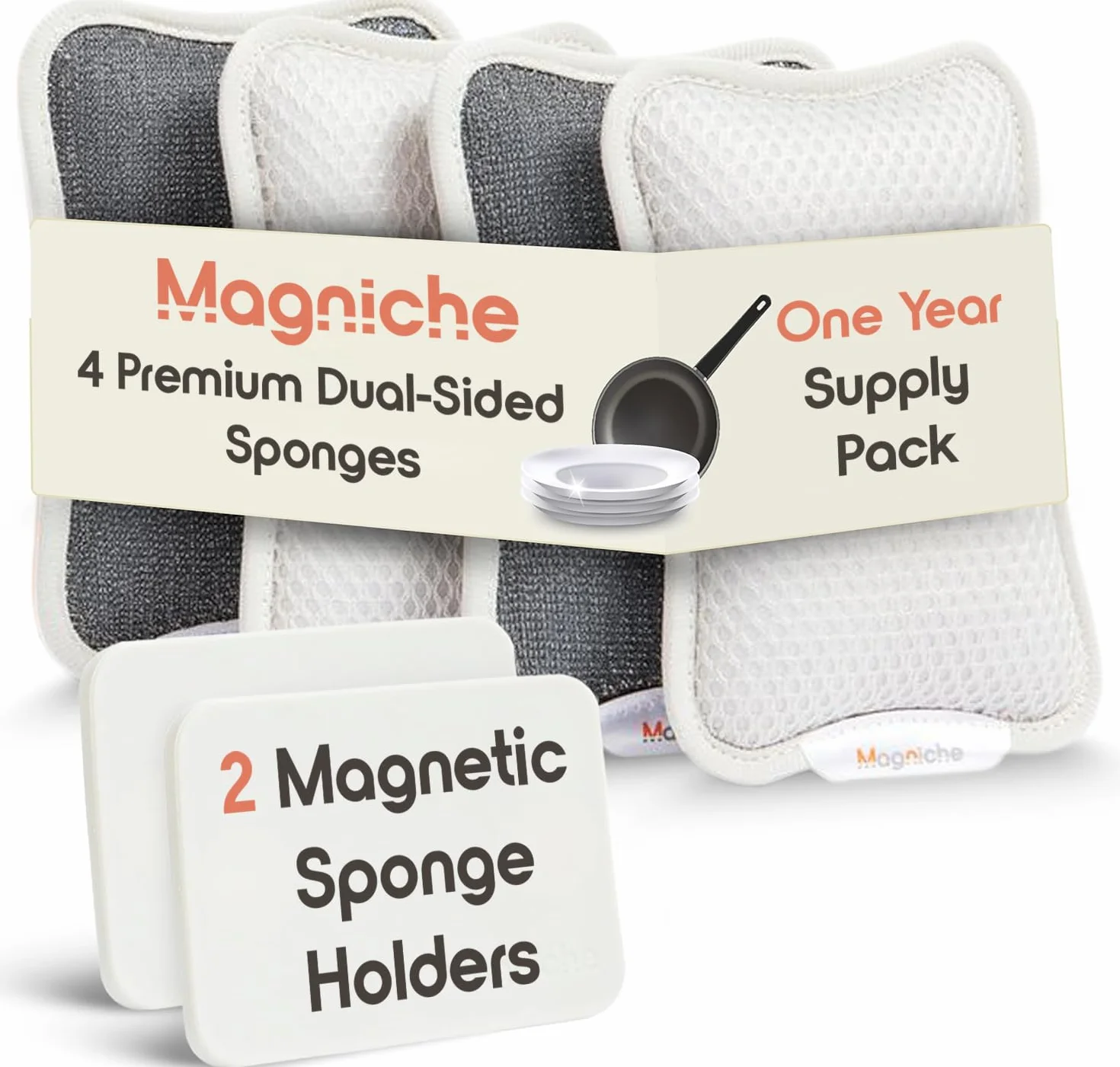 Magnetyczny system gąbki premium – dwustronna konstrukcja do czyszczenia kuchni, nadaje się do mycia w zmywarce, 4 gąbki do naczyń + 2 uchwyty magnetyczne, zestaw Combo