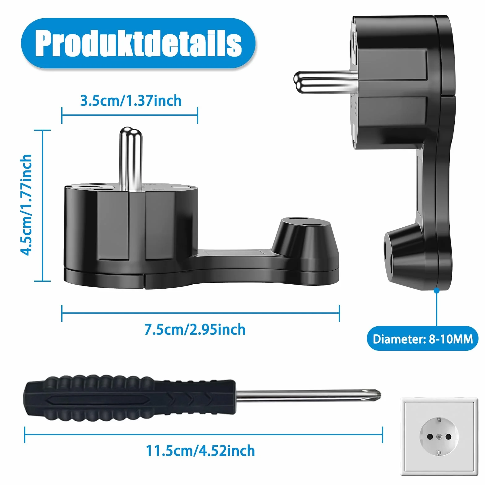 Elektryczna wtyczka Schuko, ekstra płaska wtyczka uziemiająca ze składanym uchwytem, 250 V, 16 A, do kabli do 3 x 1,5 mm², wtyczka płaska, wtyczka euro, czarna, 2 sztuki