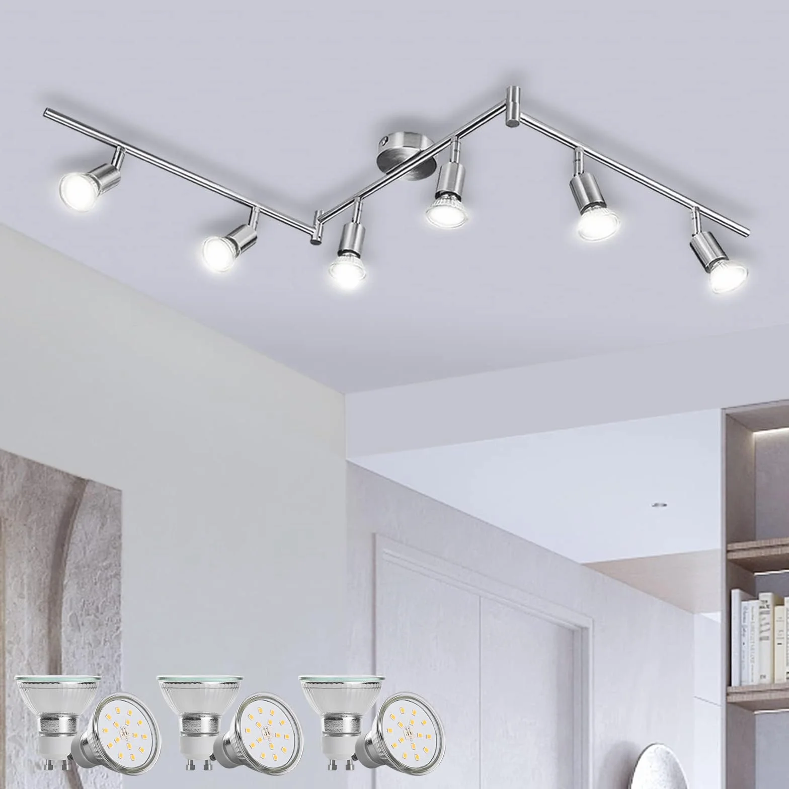 Bojim Obrotowa lampa sufitowa do kuchni, regulowane reflektory sypialniane, nikielowe oświetlenie torowe LED, 6-drożna lampa sufitowa do wnętrz, 6 żarówek GU10, 6 W 4000 K do salonu, siłowni, biura