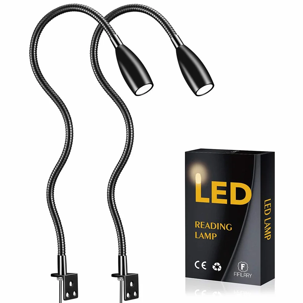 Lampka do czytania LED,lampka nocna Oświetlenie naścienne Półka na biurko Oświetlenie wyświetlacza 200lm/3000k/3w/110-240 V AC, kąt świecenia: 30 °, długość gęsiej szyi:49cm,długość przewodu zasilającego:2m,ciepła biel(włącznik/wyłącznik) (czarny)