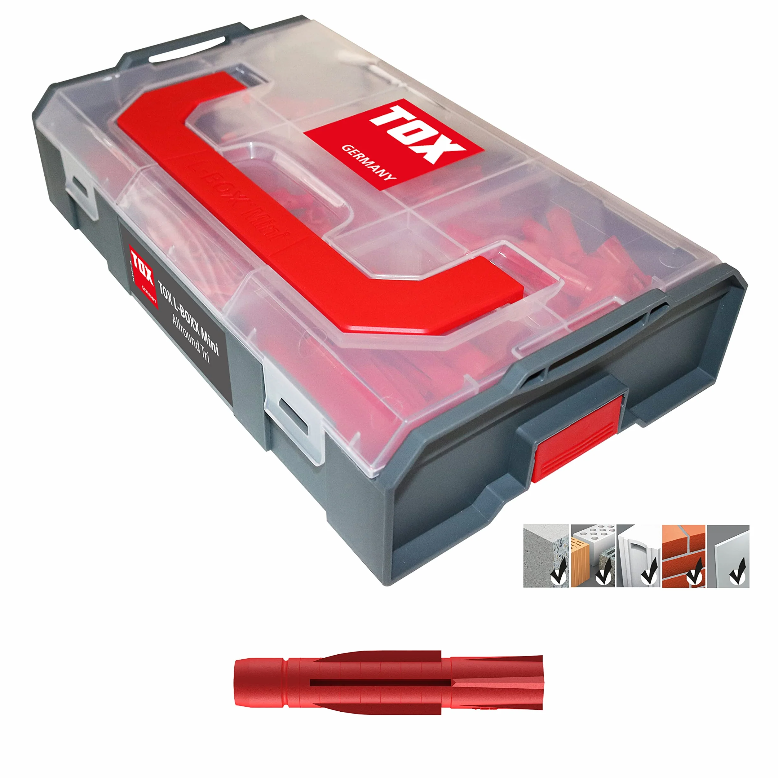 TOX L-BOXX Mini Allround Tri zestaw kołków rozporowych, efektywny, kompaktowy, przejrzysty i można je układać w stos + zestaw kołków rozporowych Tri do mocowania w prawie wszystkich materiałach