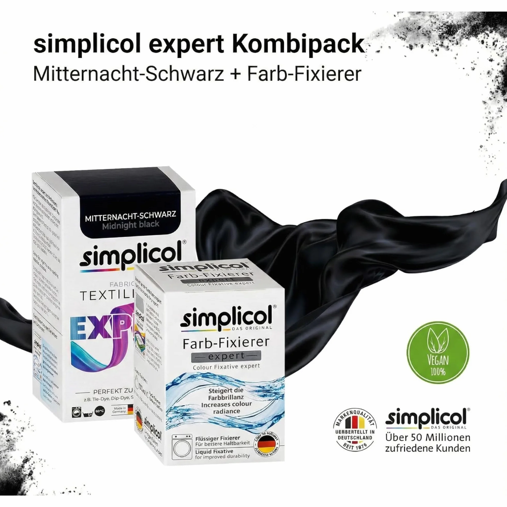 simplicol Textilfarbe expert + Farbfixierer Kombipack, Mitternacht-Schwarz 1718: Farbe für Waschmaschine oder manuelles Färben