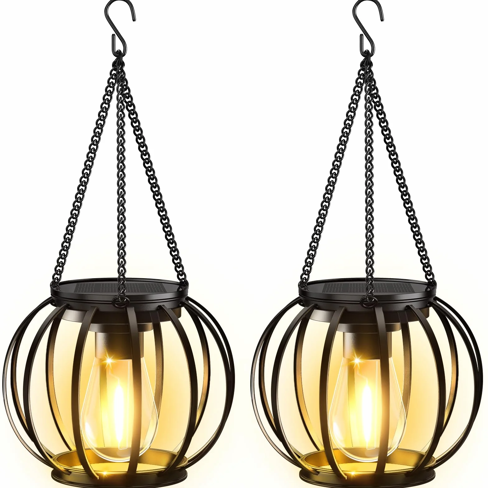BUCASA Wiszące lampy ogrodowe do użytku na zewnątrz, 2 sztuki latarnie solarne do użytku na zewnątrz, z dużą żarówką LED, wodoszczelność, metalowe, lampy solarne do użytk (Okrągły czarny, 2 Pack)