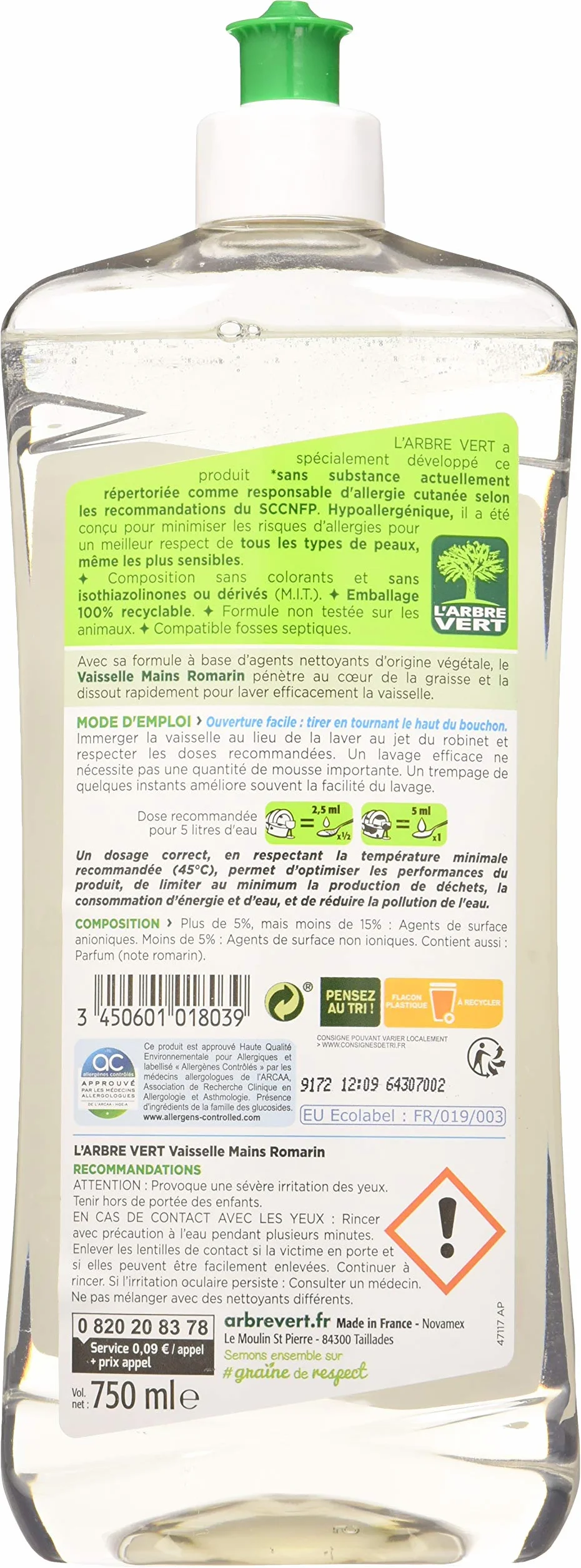 L'Arbre Vert Płyn do mycia naczyń i detergent do rąk – rozmaryn – 750 ml