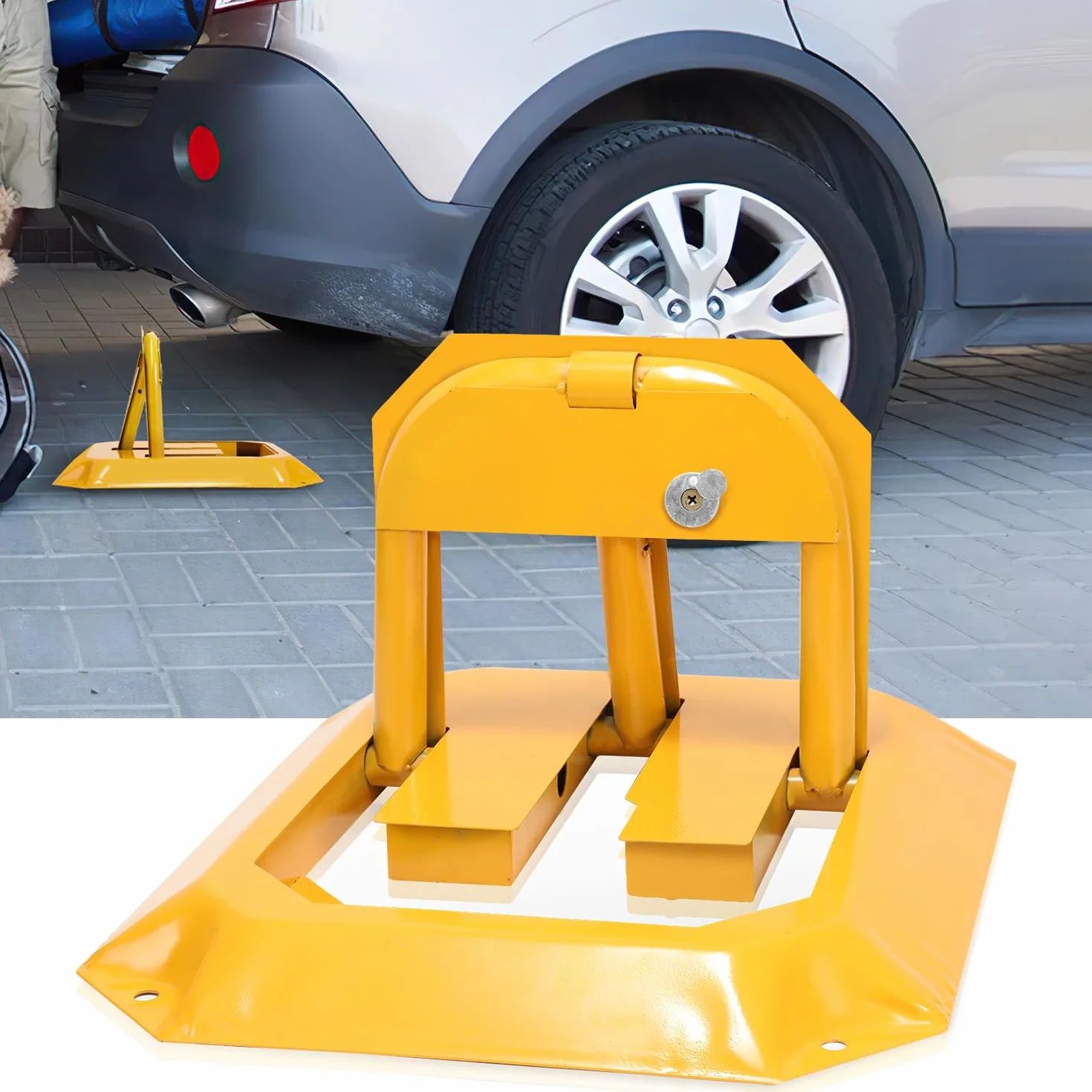 Eulenke Blokada parkingowa 1 sztuka, blokada parkingowa z 3 kluczami, składany pałąk parkingowy z 4 śrubami rozporowymi, uniwersalny bloker parkingowy zamykany z metalu, kolor żółty, do parkingów,