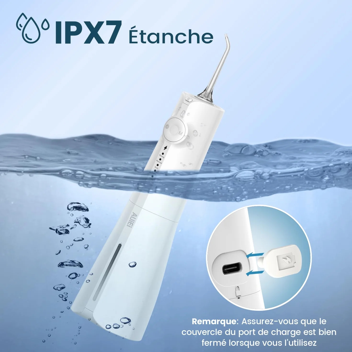 AUIEI Przenośny opryskiwacz dentystyczny do wody Flosser, irygator jamy ustnej 5 trybów i 8 dysz, zbiornik 300 ml, ładowany przez USB, wodoodporny IPX 7, odpowiedni do czułych dziąseł, biały