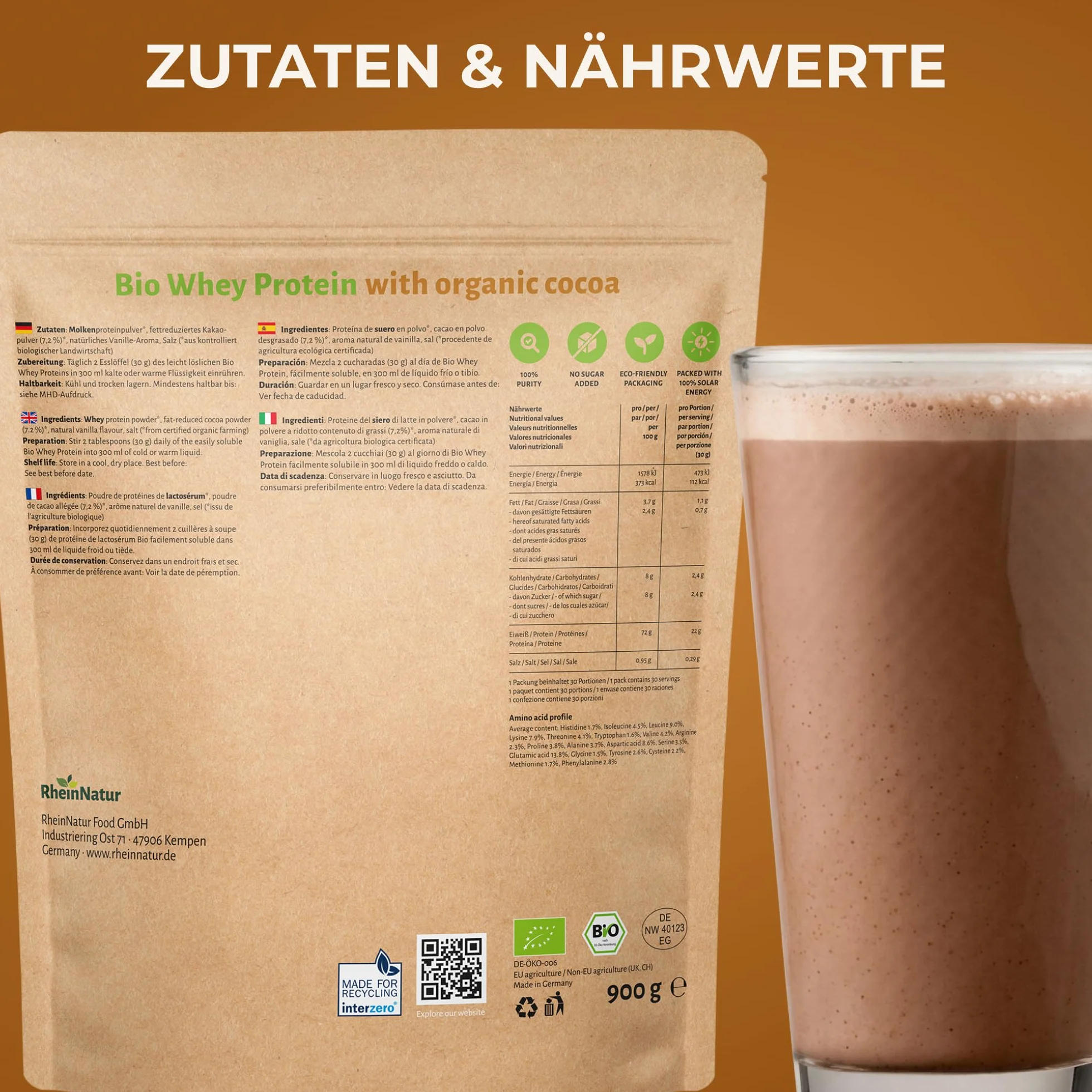 RheinNatur Bio Whey Protein-proszek Kakao 900 g - Proszek białkowy z bio-proszkiem kakaowym i bez soi - 100% białko z serwatki dla koktajli białkowych