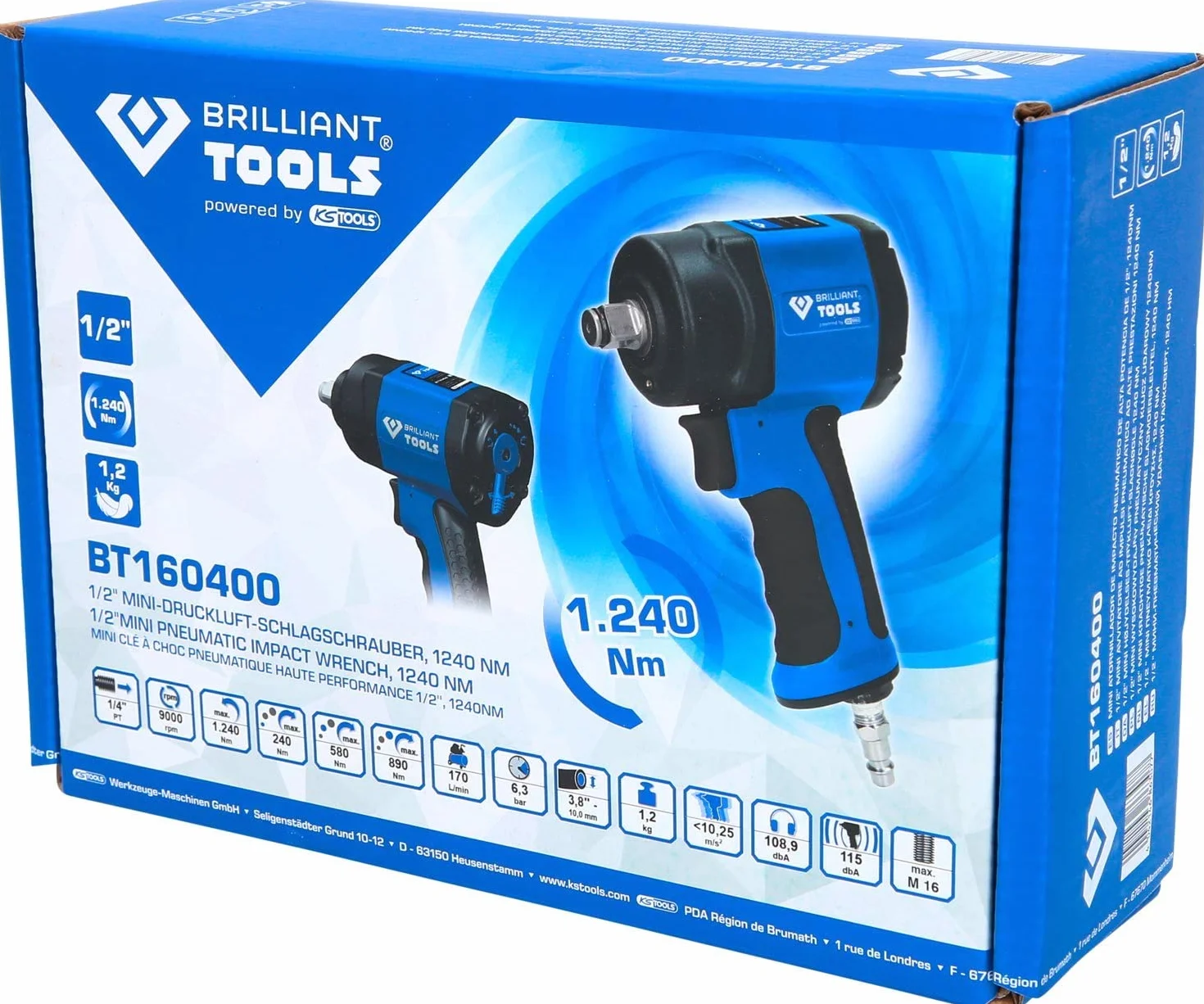 BRILLIANT TOOLS BT160400 1/2" Mini pneumatyczny klucz udarowy, 1.240 Nm [Powered by KS TOOLS]