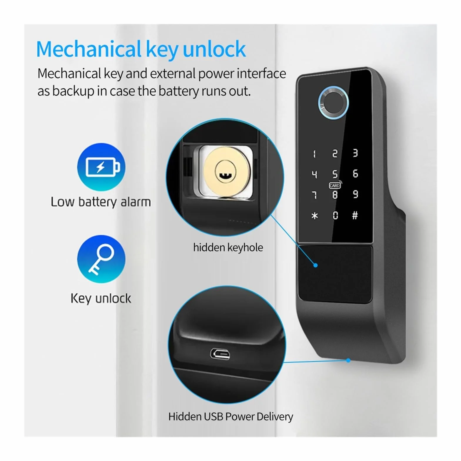 Wodoodporny zamek do drzwi z czytnikiem linii papilarnych, brama zewnętrzna Bluetooth, karta z hasłem i zasuwką, klucz mechaniczny