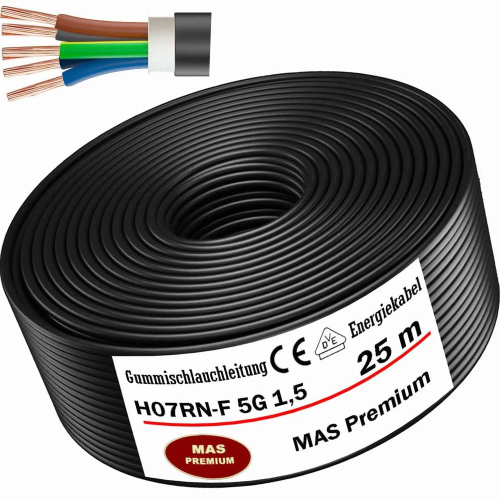 MAS Premium Przewód gumowy 5-100 m, kabel zasilający na plac budowy H07RN-F 5G1,5, 2,5, 4, 6 lub 10, elastyczny przewód z przewodem ochronnym do ciężkich urządzeń (H07RN-F 5G1,5 mm², 25 m)