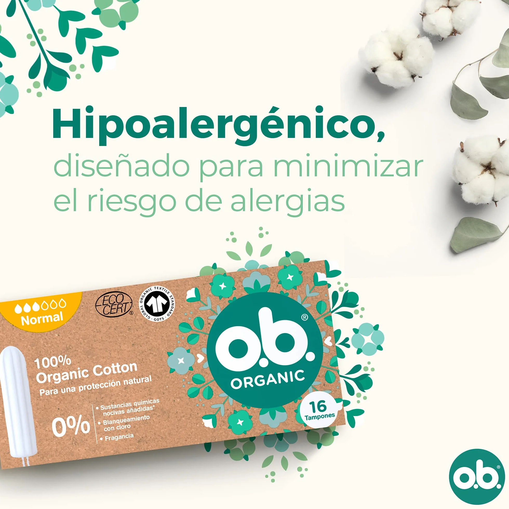 ORGANIC Tampony ze 100% bawełny organicznej 16 szt., bez aplikatora, normalna chłonność
