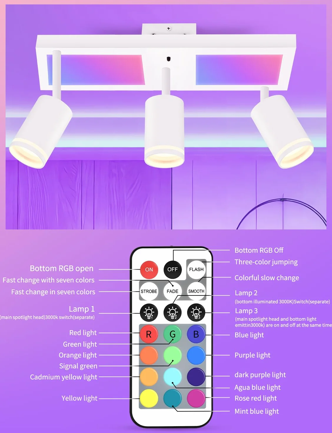 YindaLux Lampa sufitowa LED z 3 ściemnialnymi reflektorami z pilotem zdalnego sterowania, RGB 25 W 2850 lm, obrotowe reflektory sufitowe GU10, biała lampa sufitowa z dolnym blaskiem 10 W, 3 x 5 W