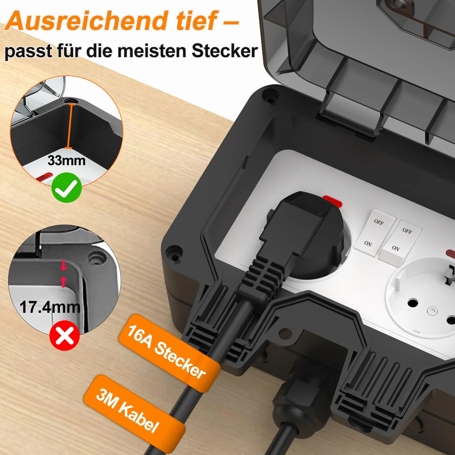 Gniazdko zewnętrzne IP66 podwójne z klapką kabel 3 m