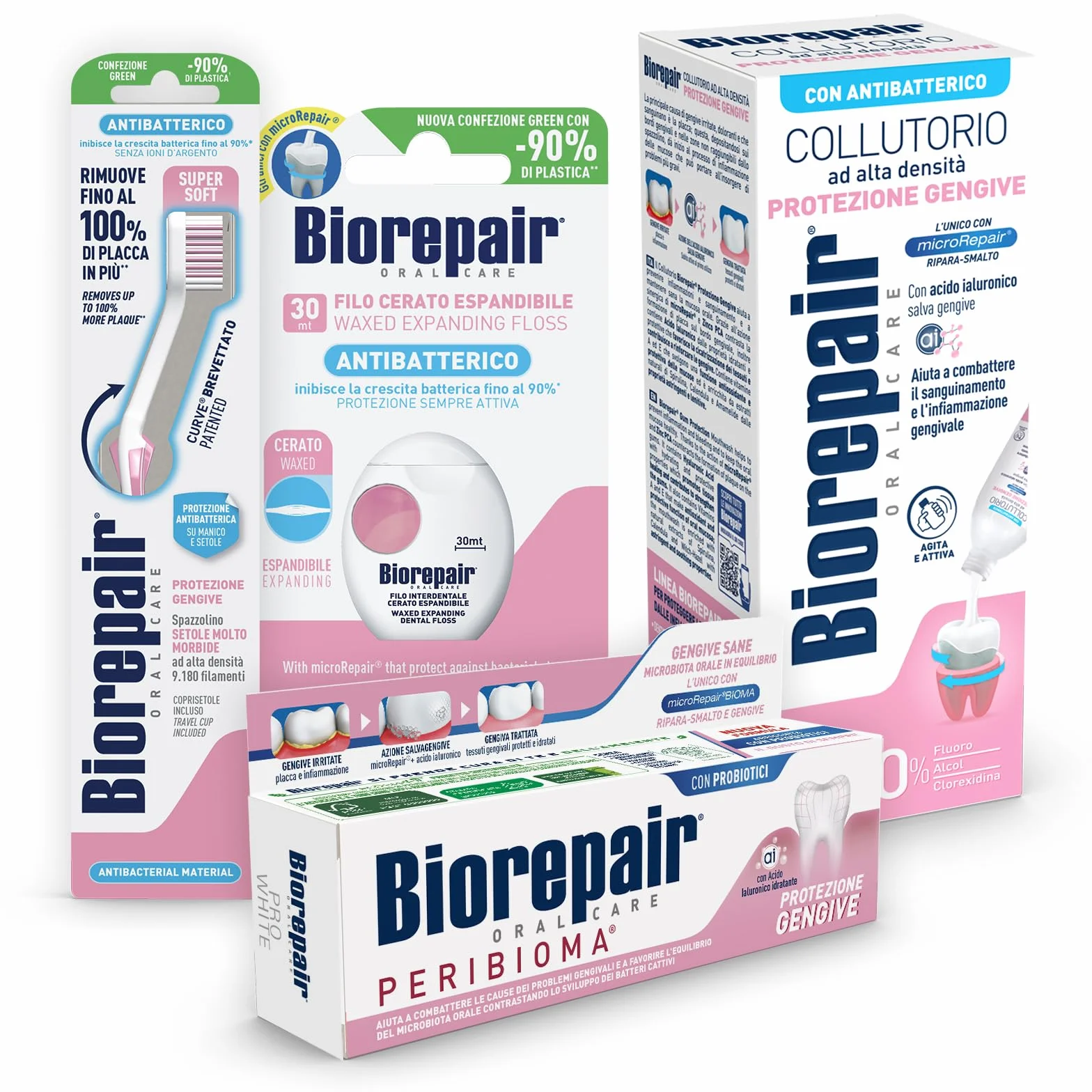 Biorepair, Zestaw do pielęgnacji jamy ustnej z ochroną dziąseł, zawiera szczoteczkę do zębów i pastę do zębów do ochrony dziąseł, rozszerzalna nić dentystyczna, płyn do płukania jamy ustnej do ochrony