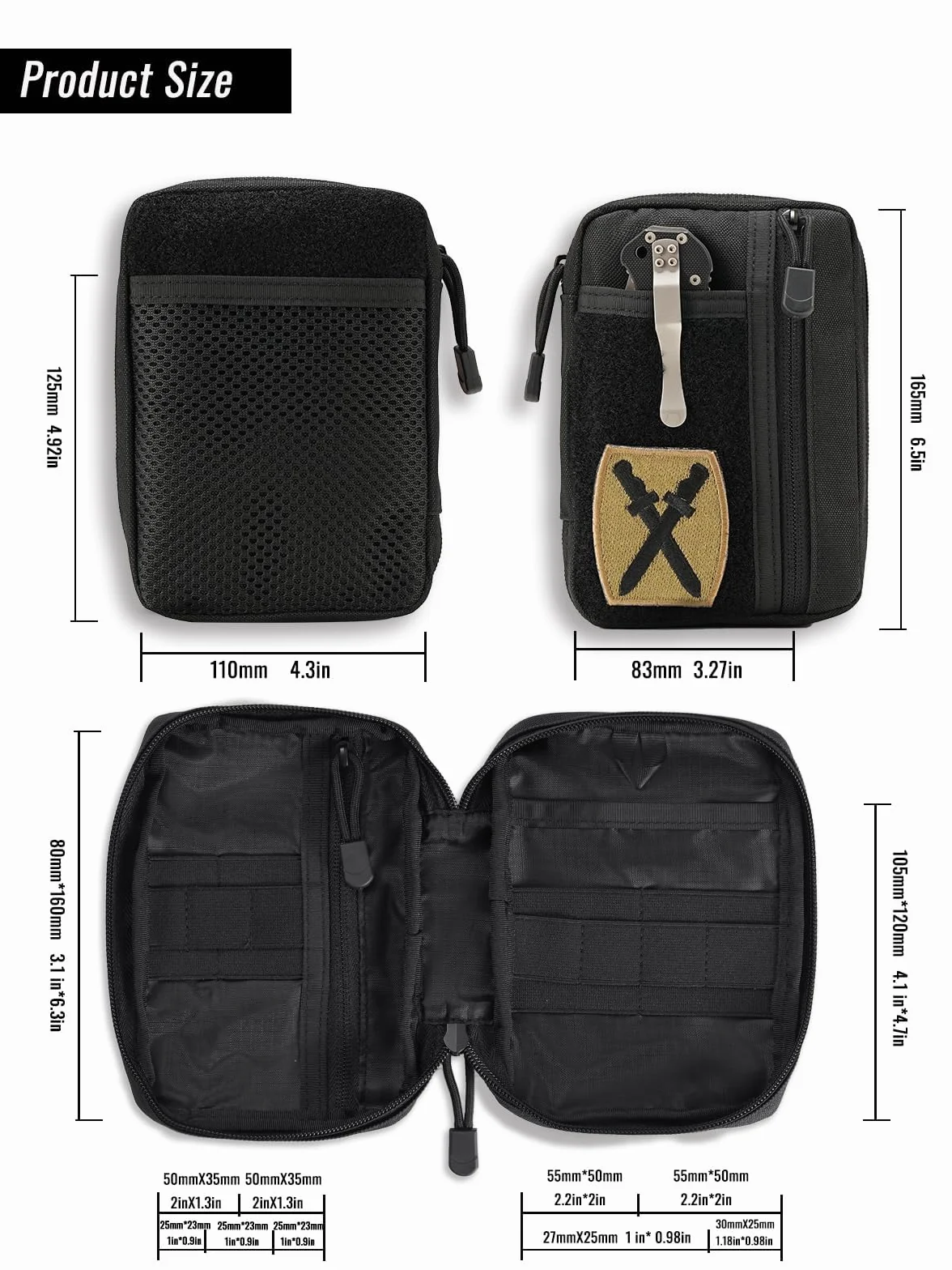 Sayram SP5 EDC Organizer Narzędzi, mała torba taktyczna z 6 kieszeniami, czarny