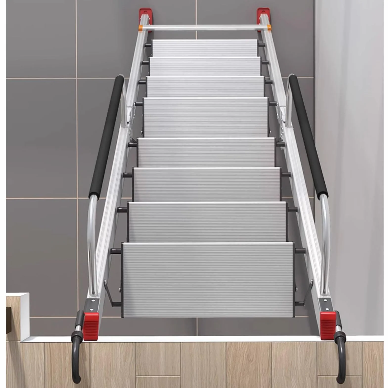 Drabina Strychowa Drabina Strychowa Wewnętrzna, Aluminiowa Drabina Przeciwpożarowa, Srebrna Drabina Ewakuacyjna na Strych, Schody na Strych na Dachu Domu(14 step-404cm(159"))