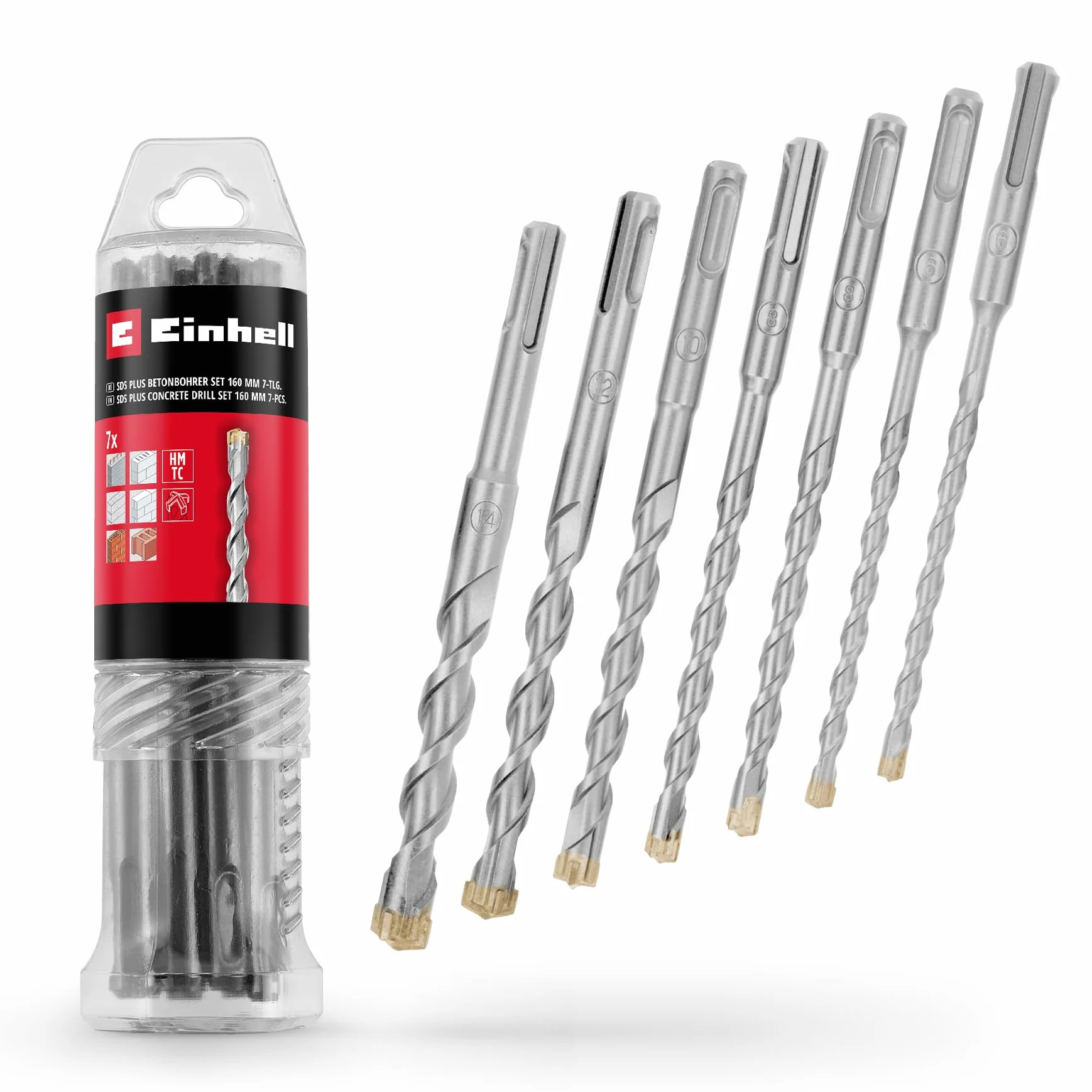 Oryginalny Einhell 7-częściowy zestaw wierteł udarowych SDS Plus, 160 mm (ze stali narzędziowej 40Cr z czterema ostrzami z twardego metalu, końcówka centrująca, do prac renowacyjnych lub związanych z