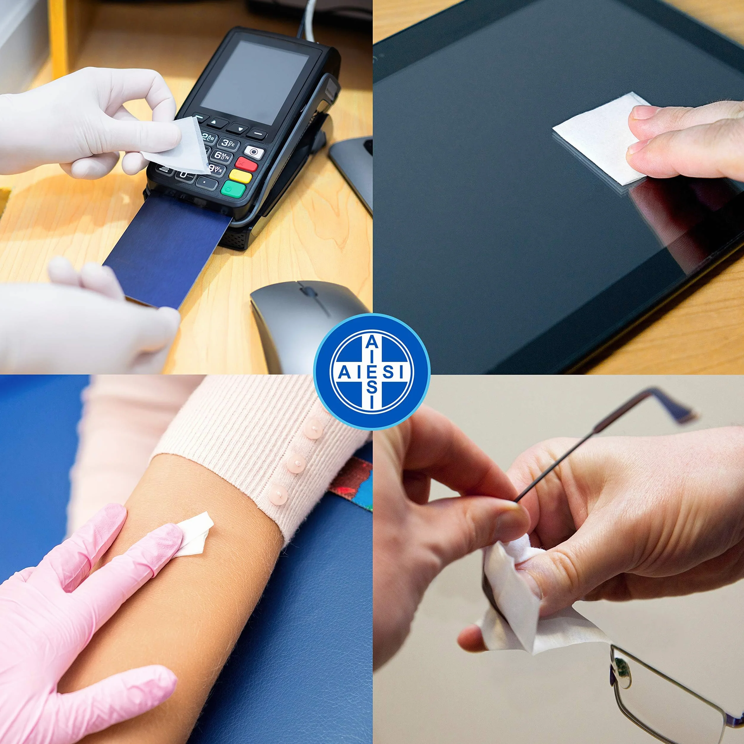 AIESI® Waciki chusteczki dezynfekcyjne (2x100 sztuk) na bazie 70% alkoholu izopropylowego, wymiary 65x30 mm, pakowane pojedynczo HOSPIPADS