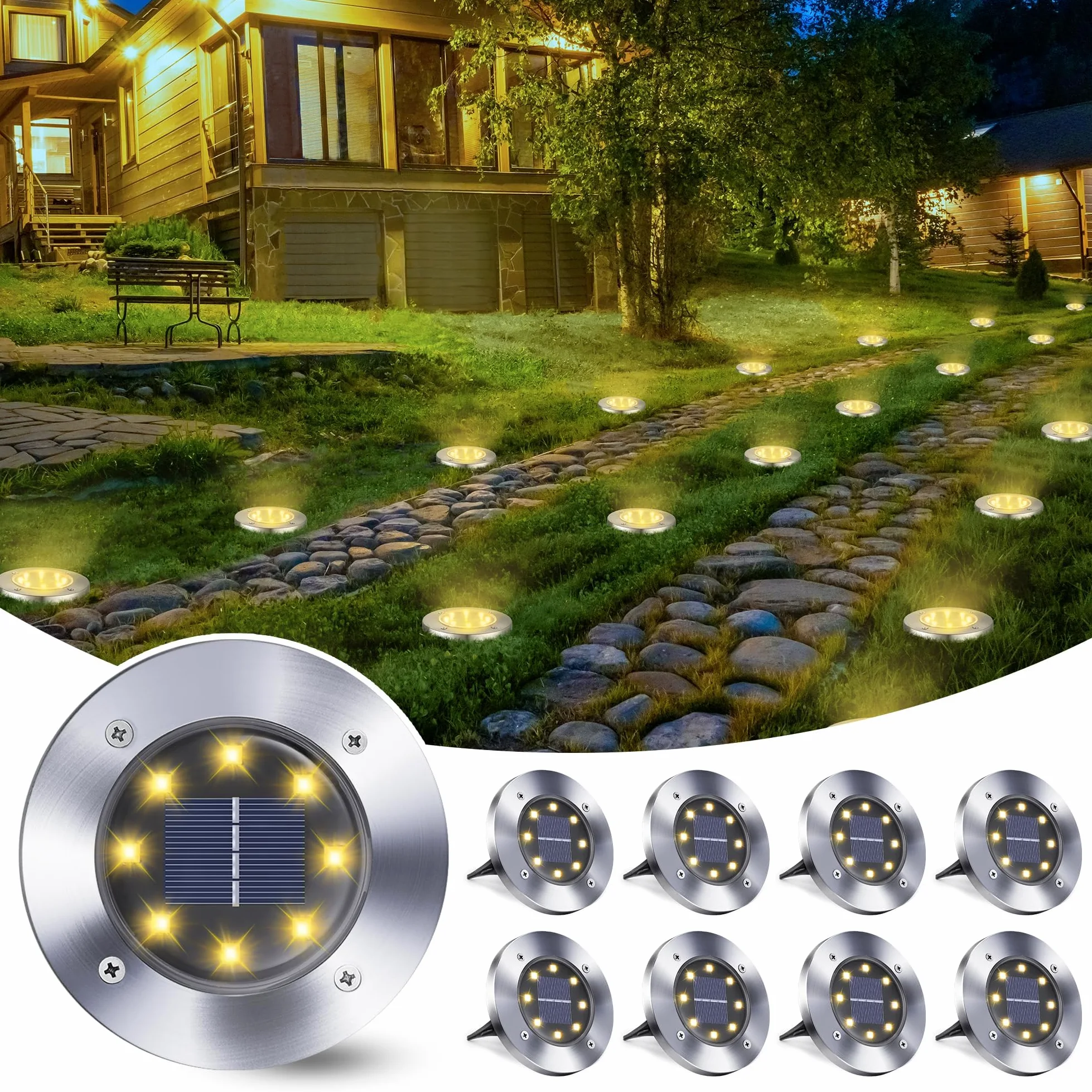 Qedertek Solarne lampy podłogowe do ogrodu, 8 sztuk, 8 diod LED, lampa zewnętrzna, ciepła biel, lampy solarne LED, wodoszczelne, lampy solarne do ogrodu, na trawnik, chodnik, patio, podjazd