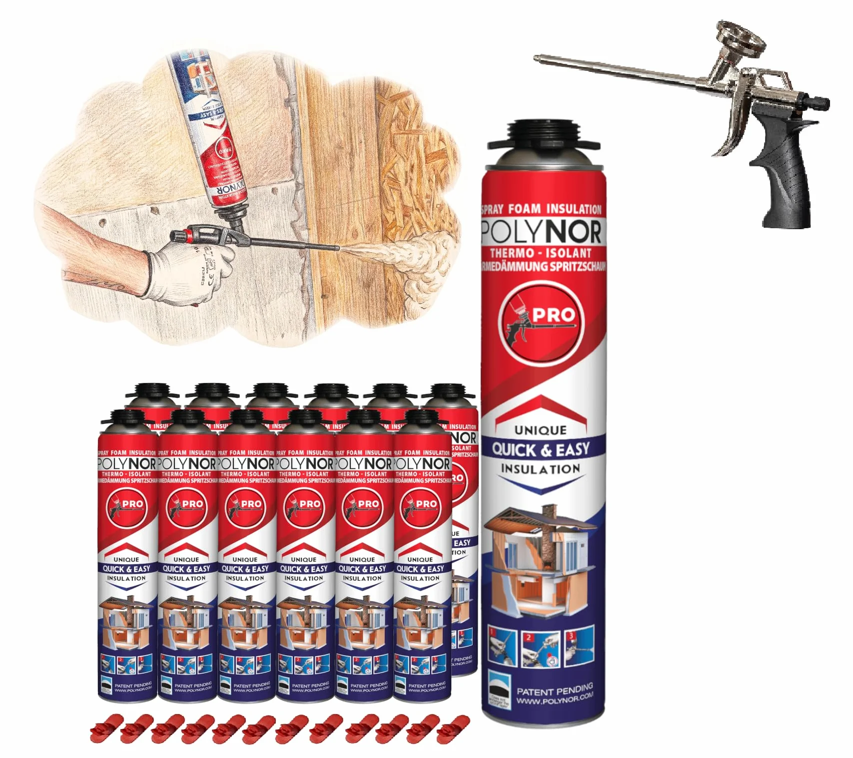 POLYNOR Izolacja Cieplna PUR w Puszce PRO - Zestaw - 12 Pianek - Pistolet do piany - Natryskowa Izolacja Termiczna - Izolacja Ścian, Dachów, Sufitów, Rur - Aerozol 750 ml