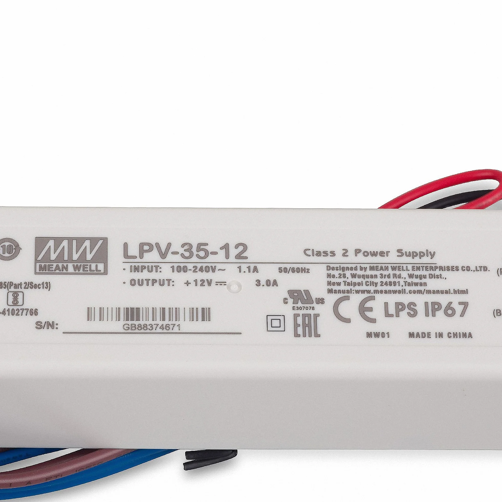 Mean Well LPV-35-12 zasilacz impulsowy LED, 12 V/3 A/36 W, IP67, transformator LED do oświetlenia LED, biały