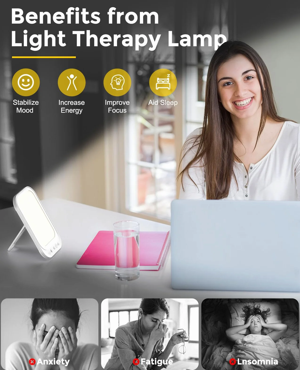 Lampa Dzienna 10 000 Luksów do Terapii Światłem - 4 Timery, 5 Poziomów Jasności, Składany Stojak - Do Biura/Domu