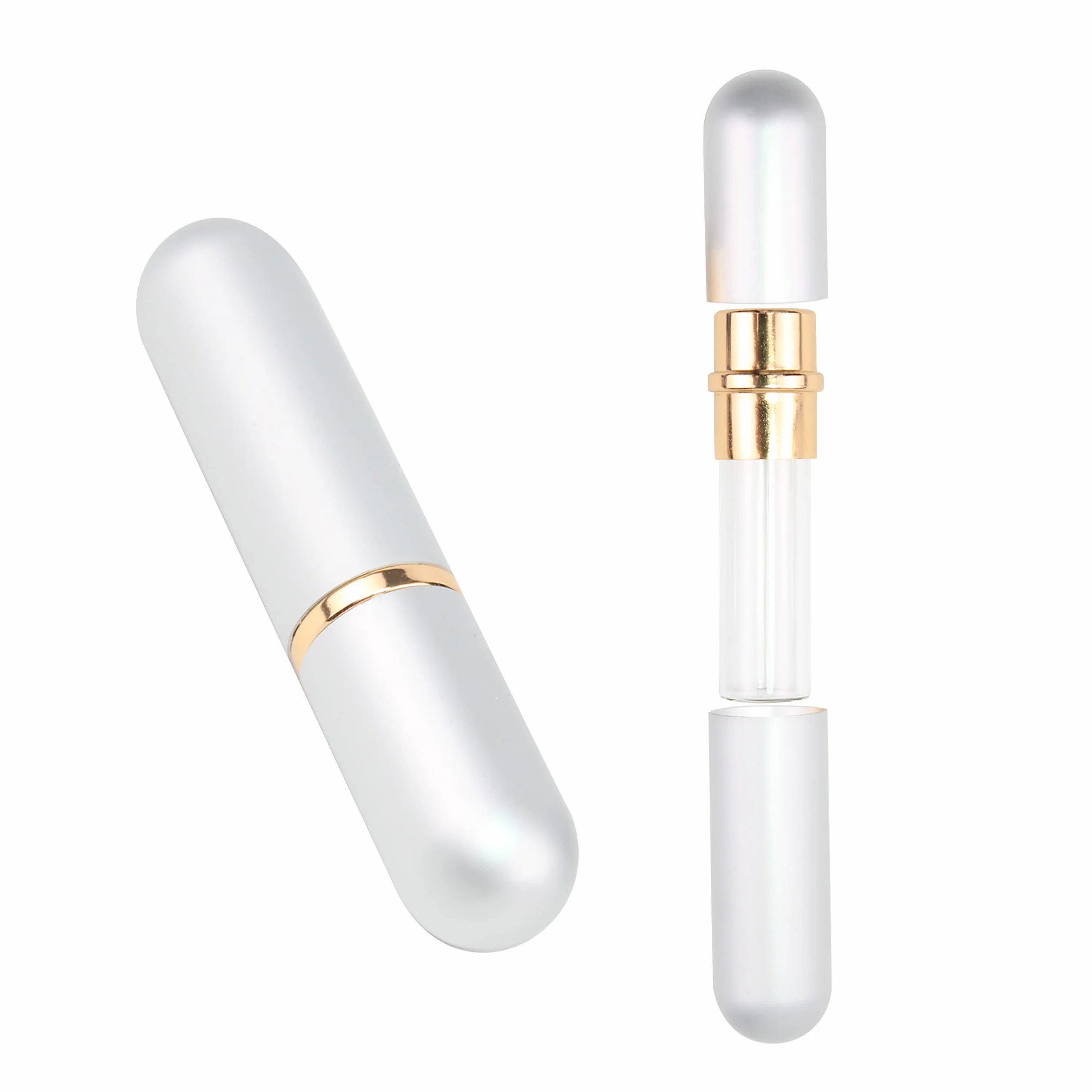 Srebrny aluminiowy olejek eteryczny do inhalatora do nosa osobiste puste wielokrotnego napełniania elegancki aluminiowy i szklany inhalator do nosa zestaw z bawełnianymi knotami 5 szt