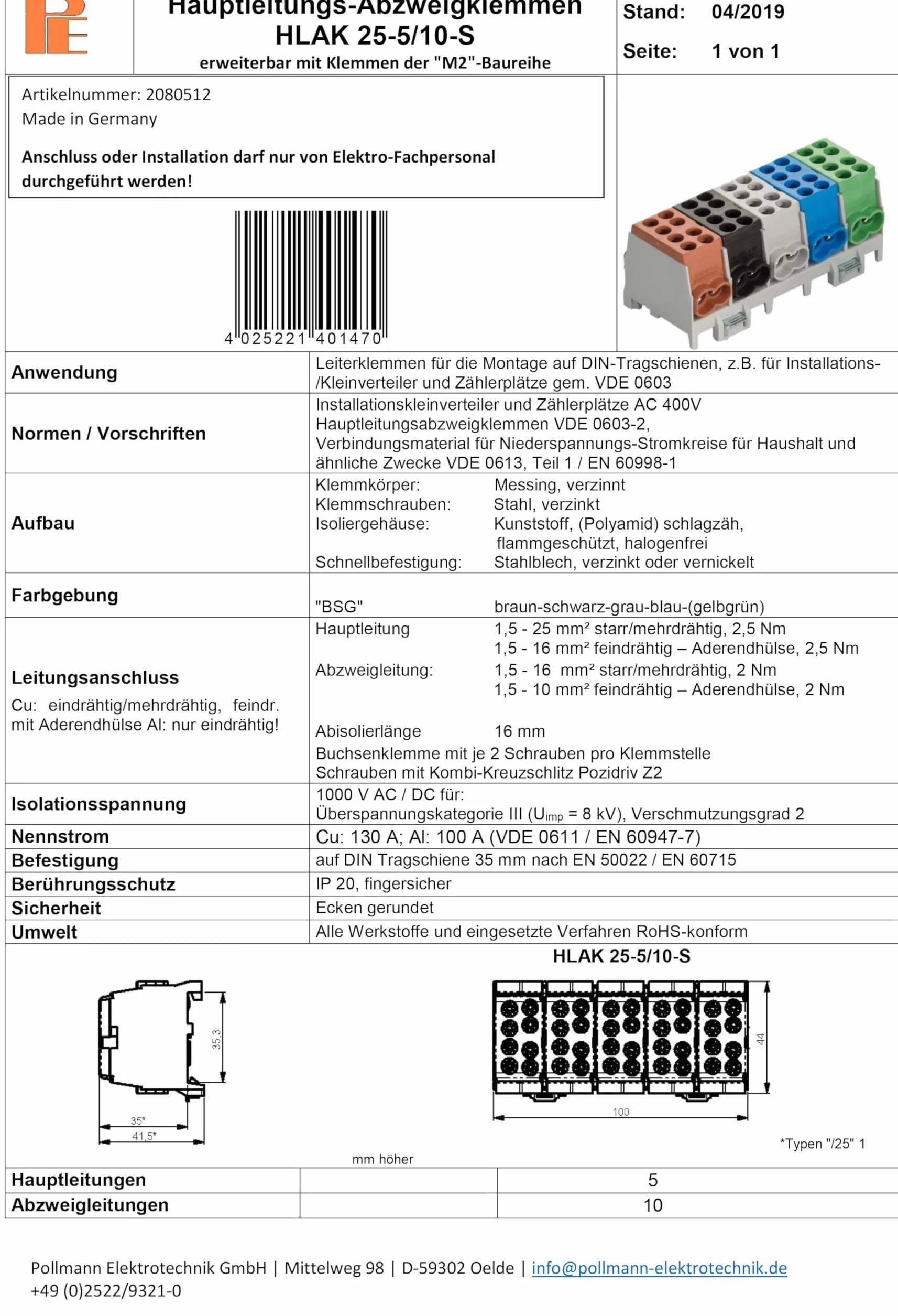 Hauptleitungs Abzweigklemme 5 polig für Hutschiene - Strom Verteiler mit VDE