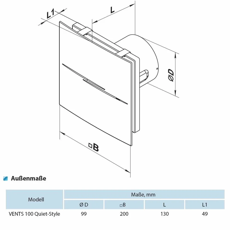 Wentylator / wentylator łazienkowy / oryginalny VENTS 100 QUIET-STYLE STANDARD / bardzo cichy 24/26 dB (A) / 100 mm / 90 / 99 m³/h / 7,5 W energooszczędny / łożysko kulkowe / amortyzator / klapa