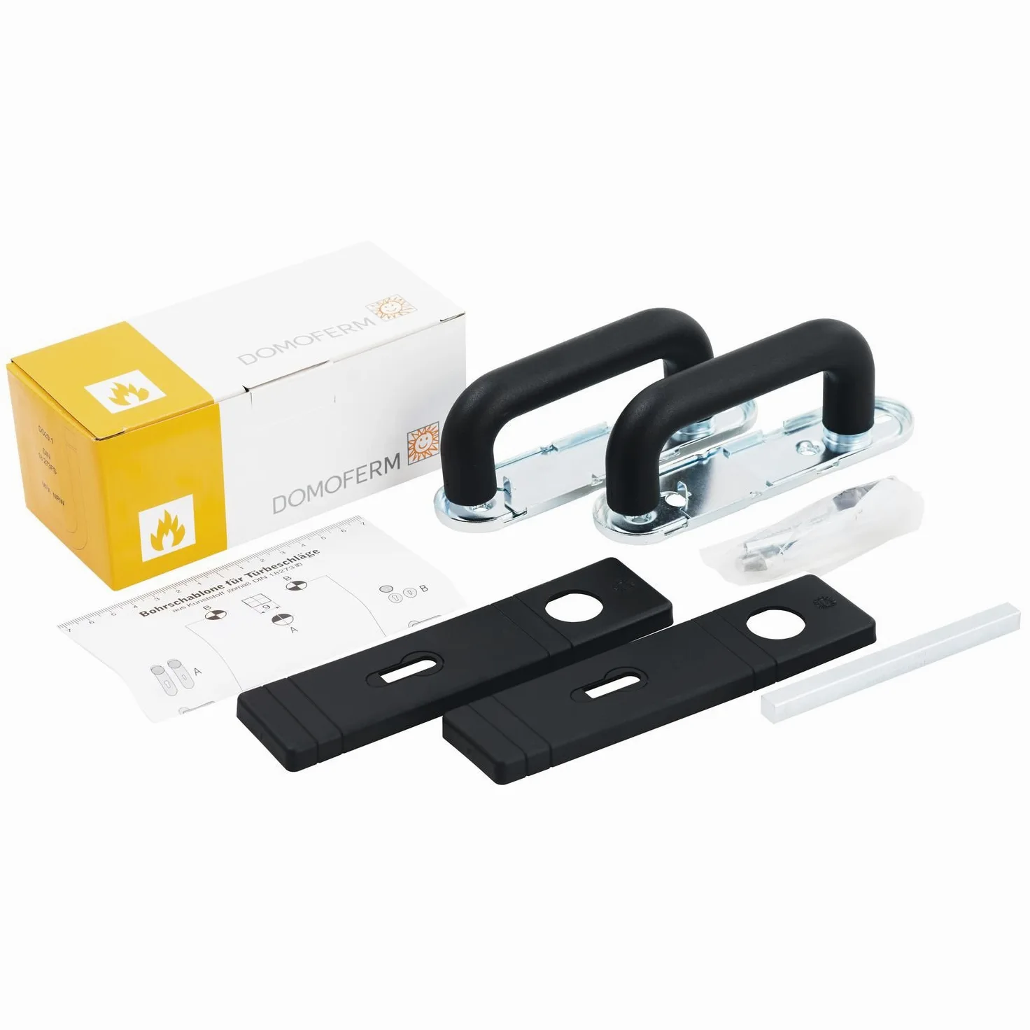 Zestaw klamek na krótkiej szyldzie do drzwi przeciwpożarowych | drzwi przeciwpożarowe T30 - T60 - T90 | odległość PZ 72 mm (DIN) | tworzywo sztuczne czarne | w zestawie wkładka BB i 1 klucz