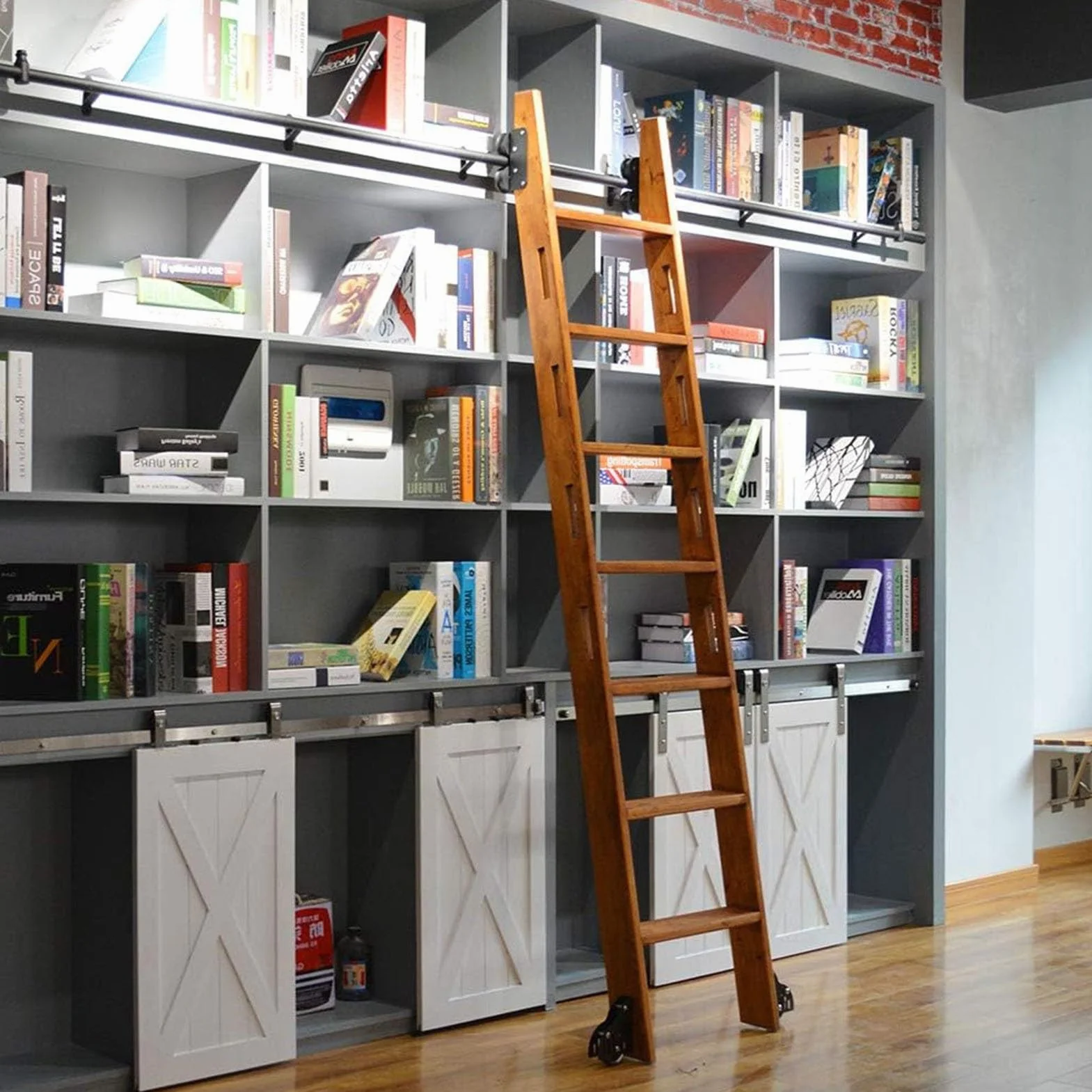 3,3-26,2 FT przesuwna drabina do stodoły, tocząca się przesuwna drabina biblioteczna, rolki podłogowe z hamulcem, czarne, bez drabiny (zestaw gąsienic 200 cm)