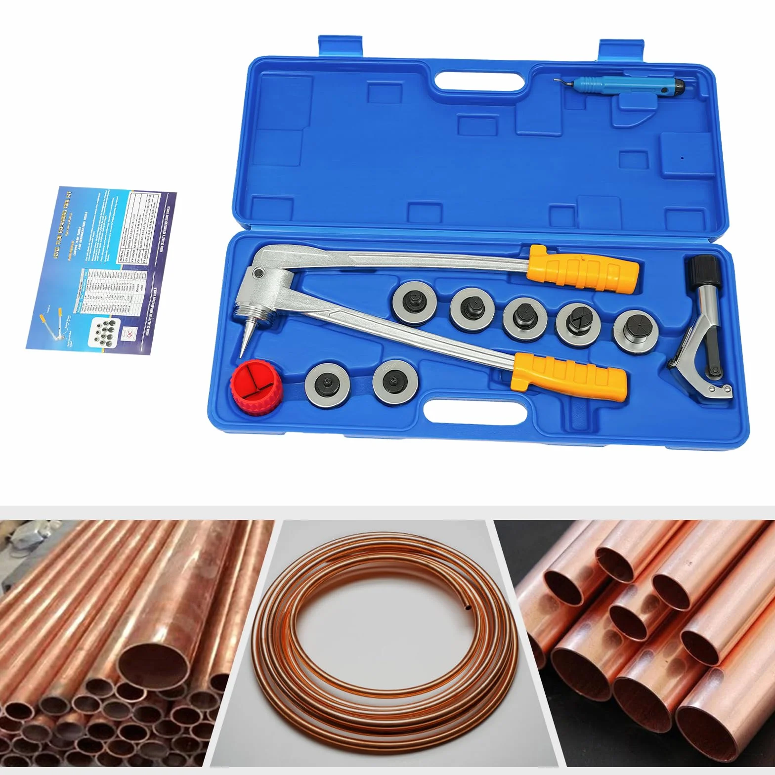 Ekspander Rurowy, Zestaw szczypiec do rur rozprężnych 4-28 mm, 7 głowic miedzianych aluminiowych + narzędzie zaciskania skrzynek, niebieskie