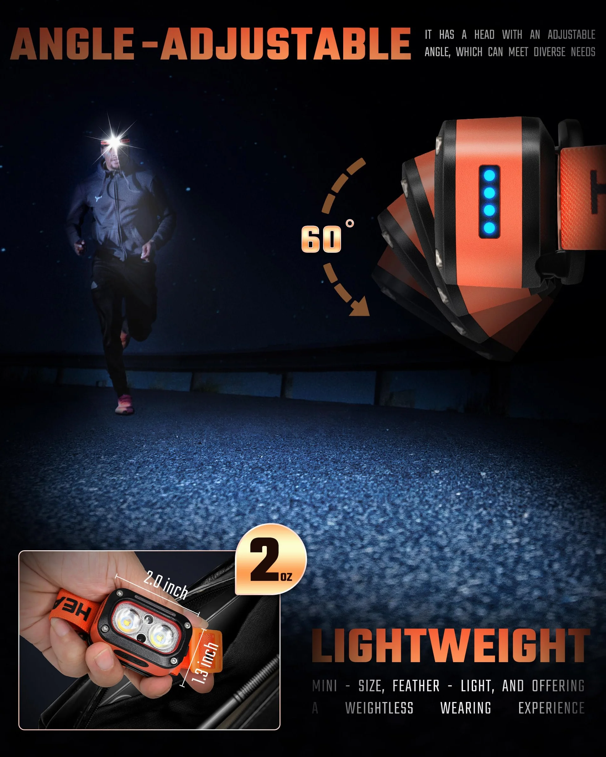 DARKBEAM Latarka czołowa LED wysokiej jasności ładowana, biała, ciepła, czerwona lampka czołowa do kasku z czujnikiem ruchu, wodoodporna head light do biwakowania, joggingu, turystyki pieszej, 2 szt