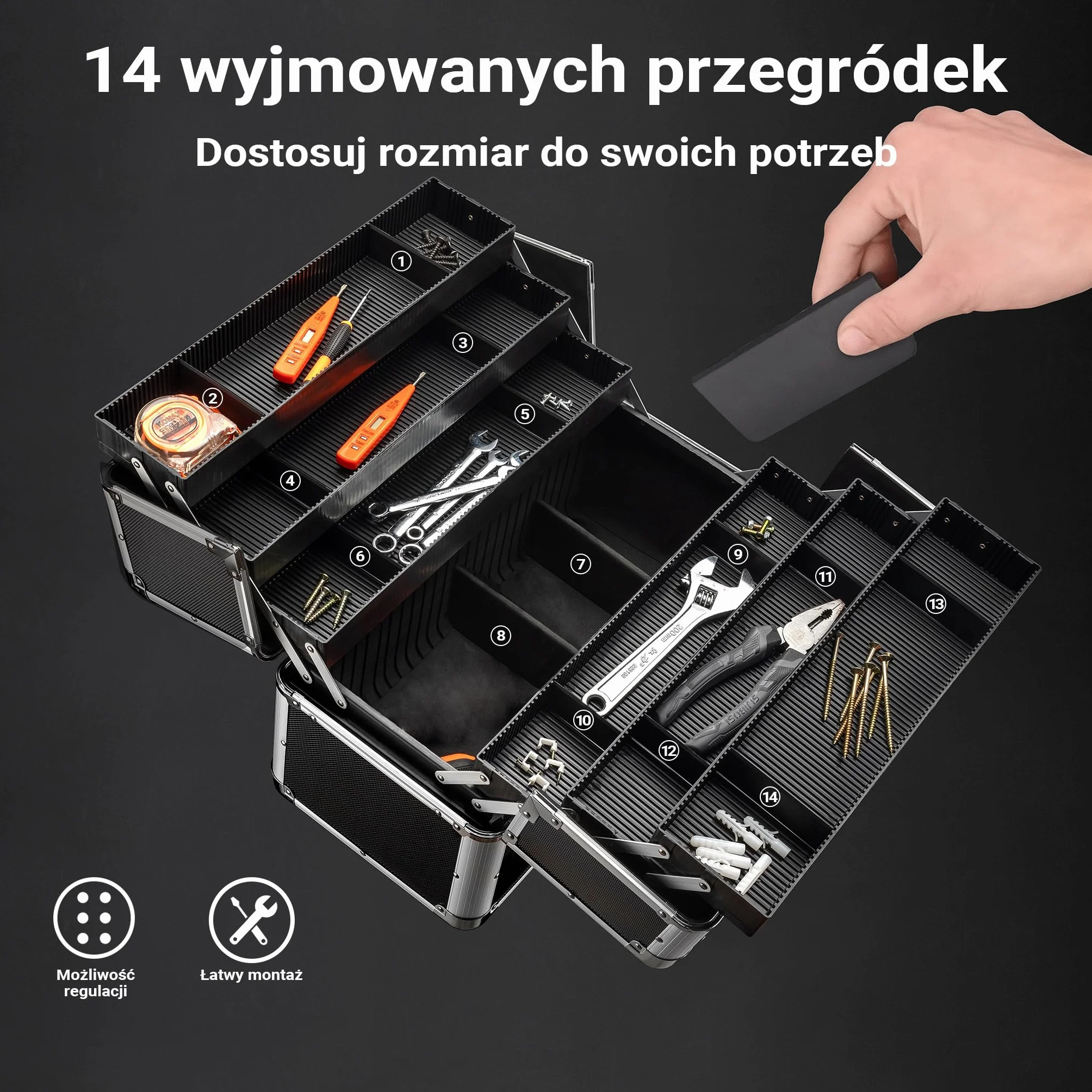 Wiltec Walizka aluminiowa z 12 przegrodami 45x32x22,5cm ze stalowymi rogami, aluminiową ramą i 2 kluczykami skrzynka na narzędzia
