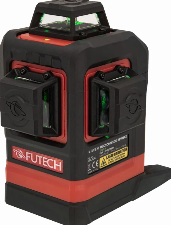 Futech Laser liniowy 3D 18 V MAX 360°, kompatybilny z akumulatorami Milwaukee, Makita, Bosch, Metabo, Hikoki, Dewalt i Festool, zdejmowany adapter akumulatora, poziome i 2 pionowe linie