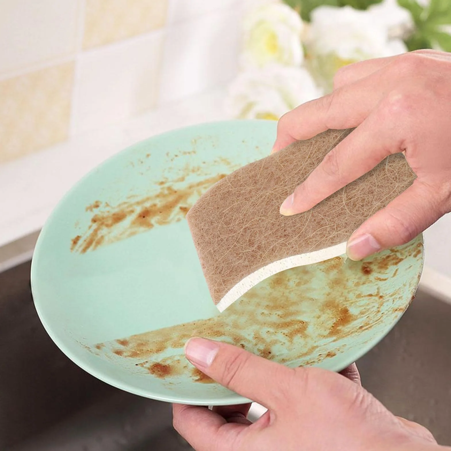 AKOLAFE 16 sztuk ekologicznej gąbki do mycia naczyń, brązowej, naturalnej, do kuchni, wielokrotnego użytku, biodegradowalna (11 x 7 x 2'