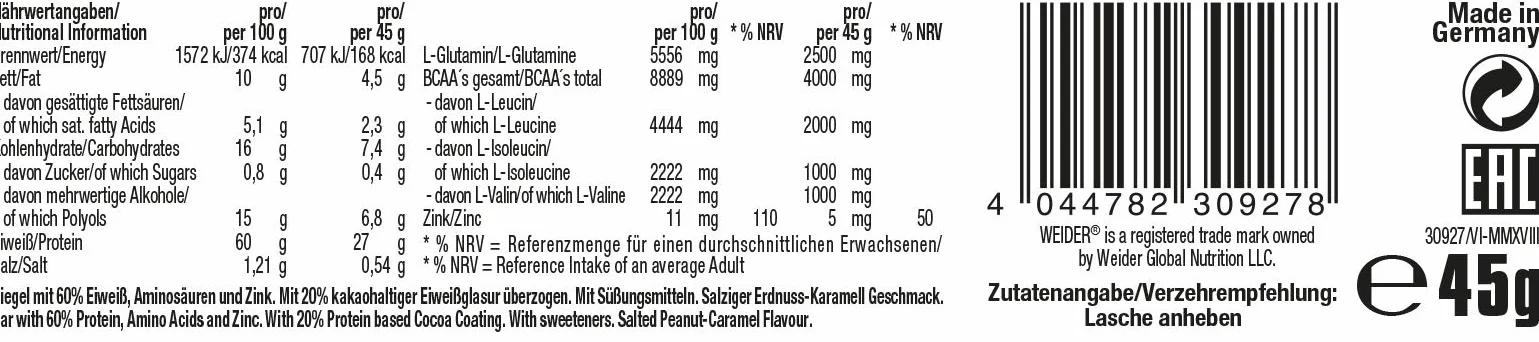 Weider 60% Protein Bar Karmelowy 45g x 24 Baton Proteinowy z L-glutaminą i BCAA